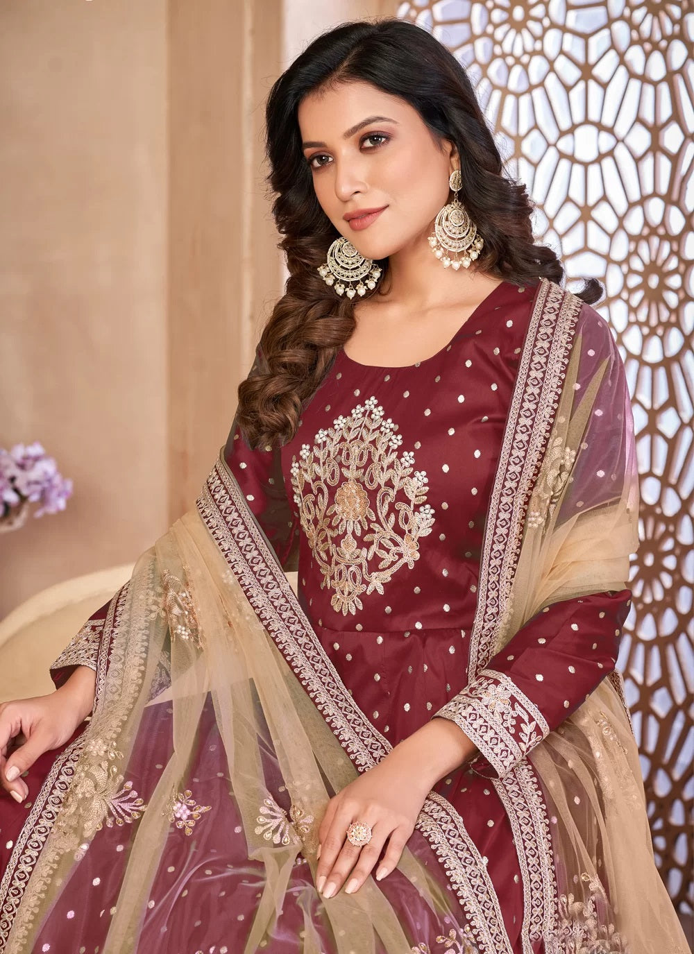 Maroon taffeta silk embroidered anarkali suit