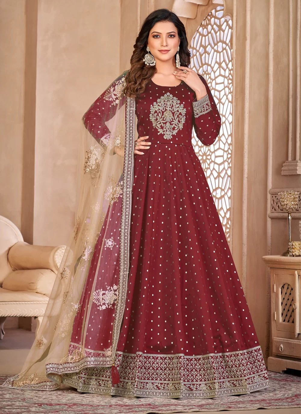 Maroon taffeta silk embroidered anarkali suit