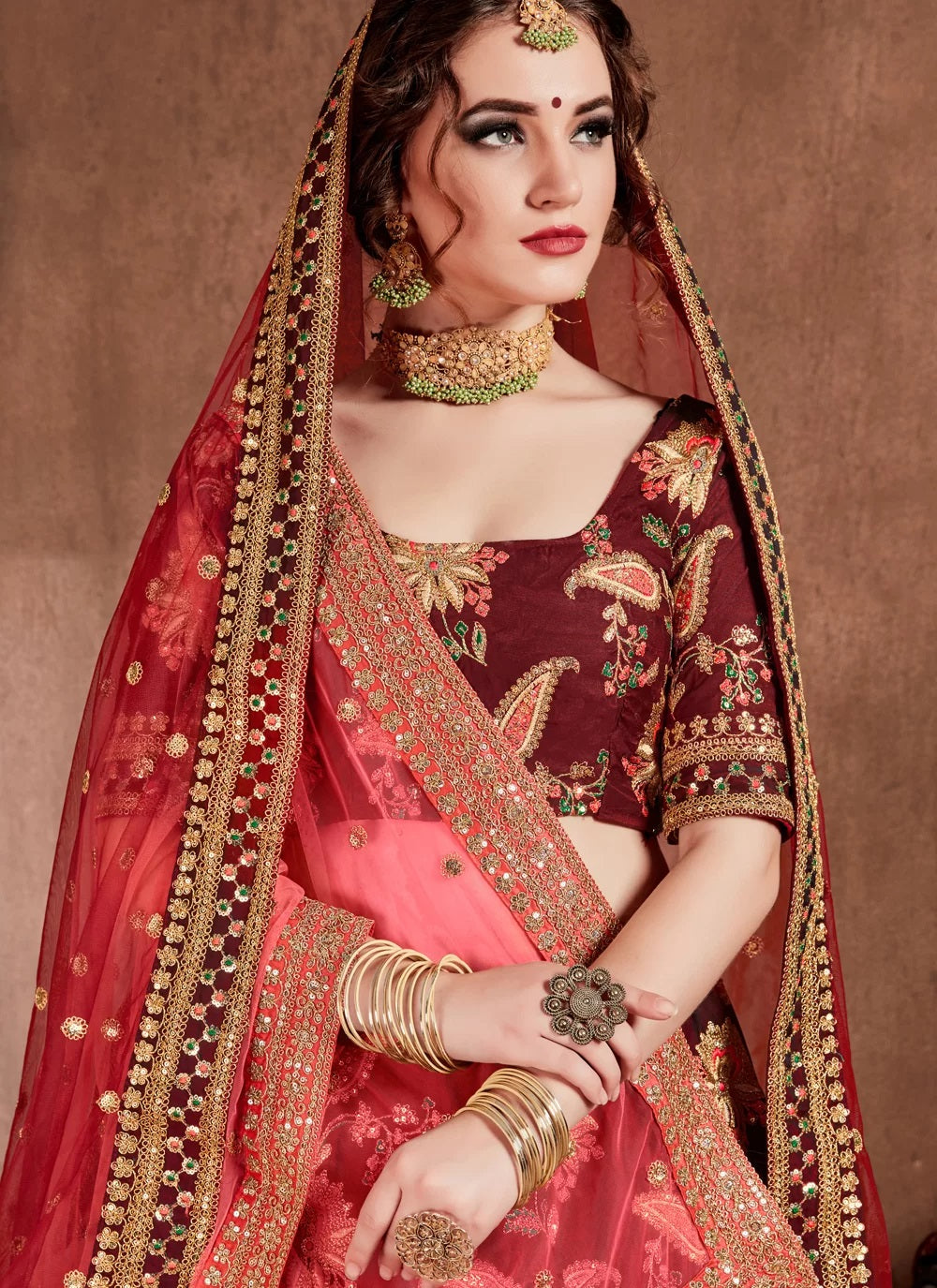 Maroon taffeta silk engagement bridal lehenga