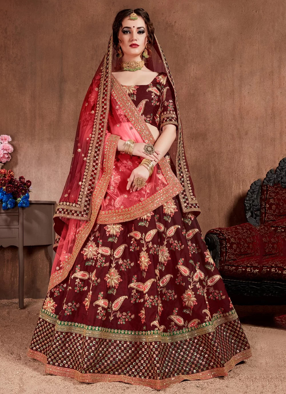 Maroon taffeta silk engagement bridal lehenga