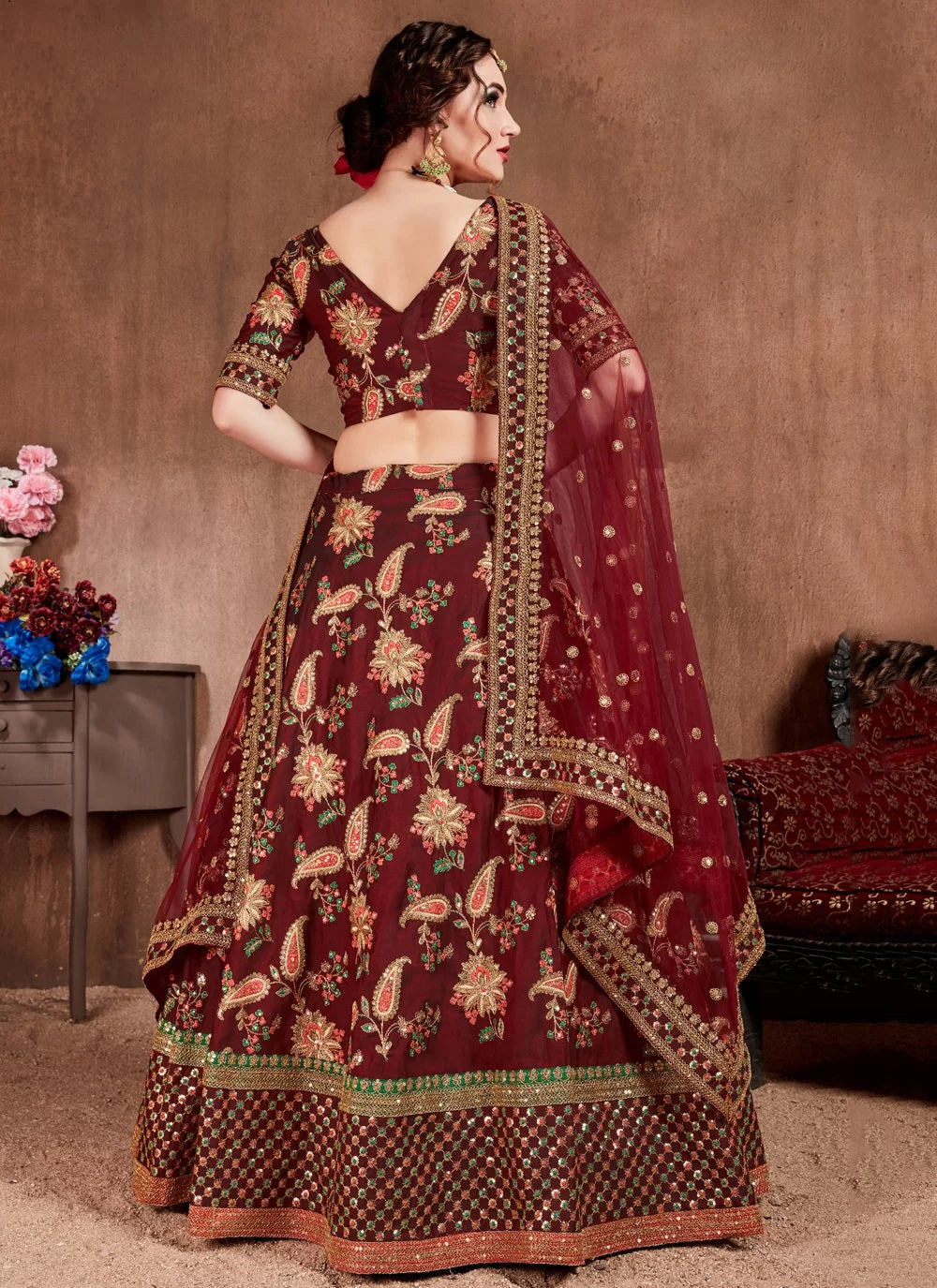 Maroon taffeta silk engagement bridal lehenga