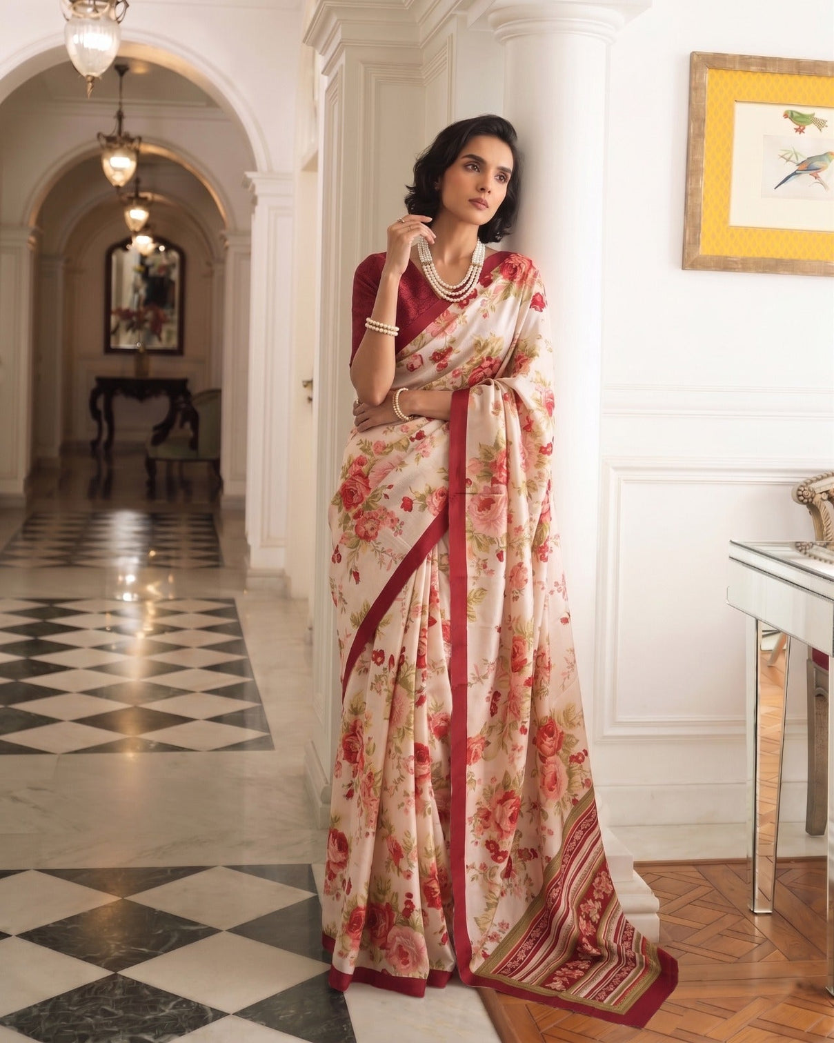 Maroon Tasar Silk Floral Print Saree