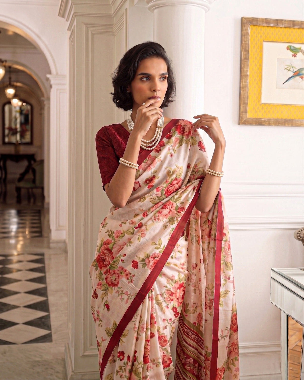 Maroon Tasar Silk Floral Print Saree