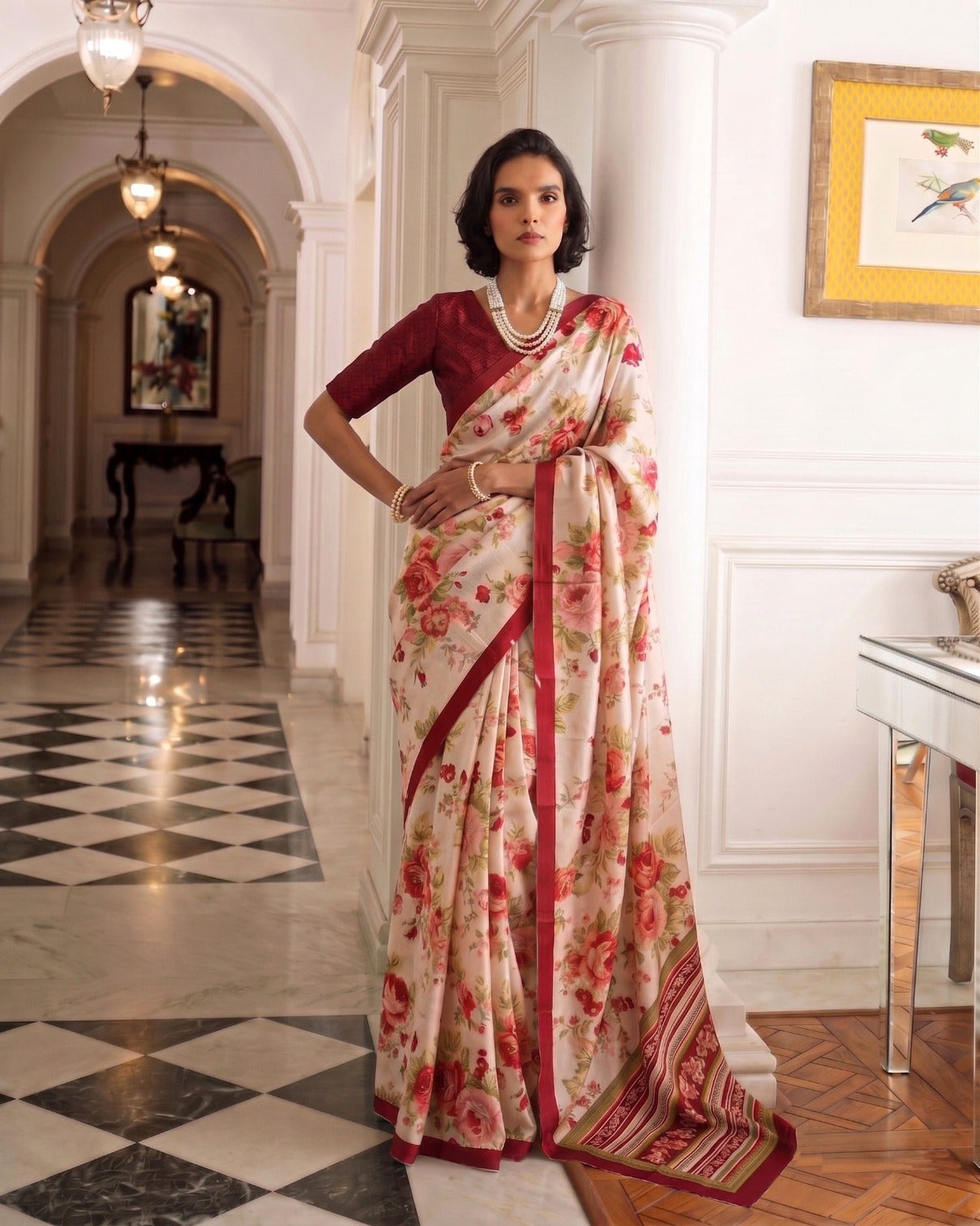 Maroon Tasar Silk Floral Print Saree