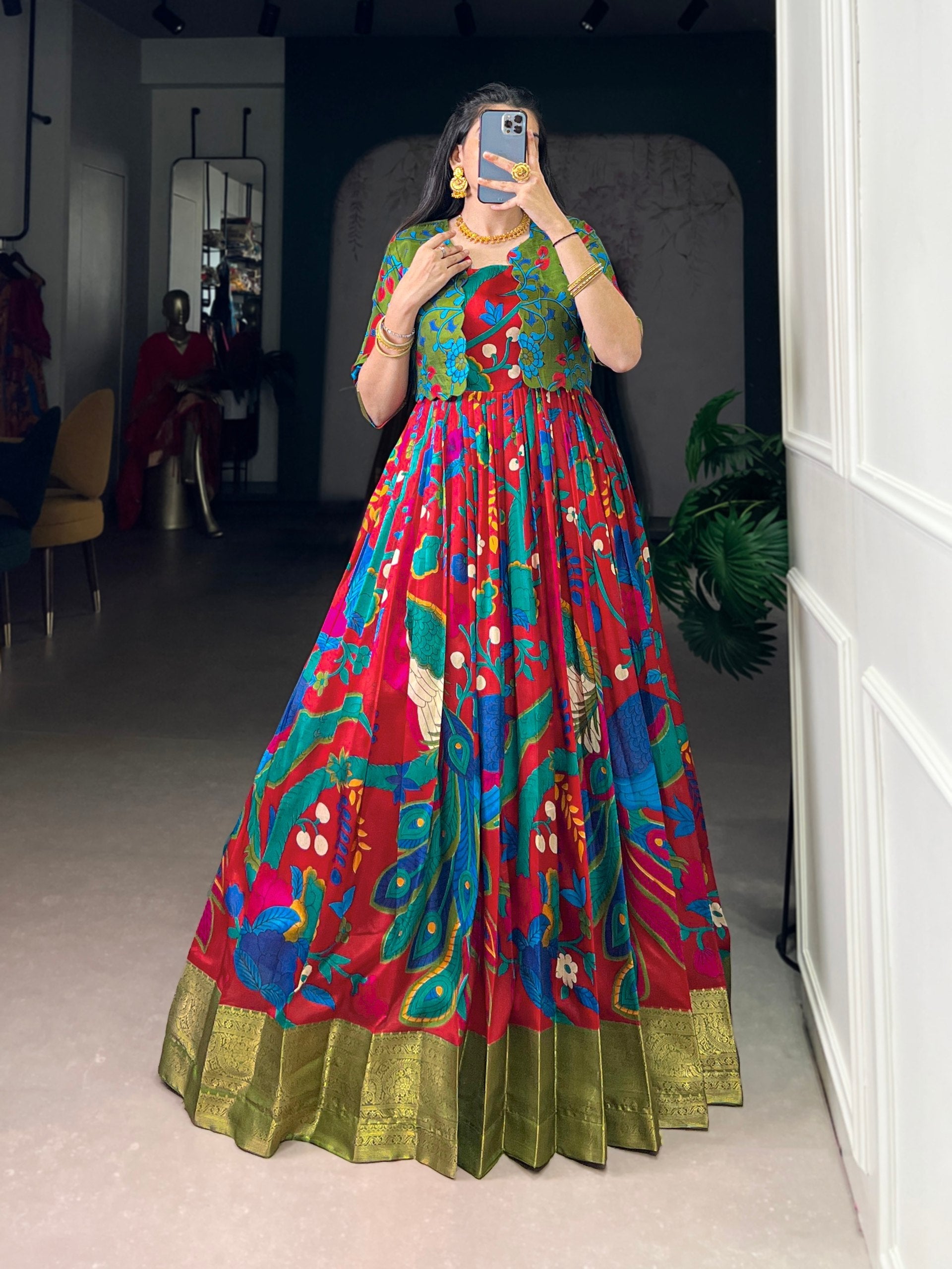 Maroon Tasar Silk Kalamkari Print Stitched Gown with Zari Weaving Koti – Full Flair Party Wear Gown Set for Women