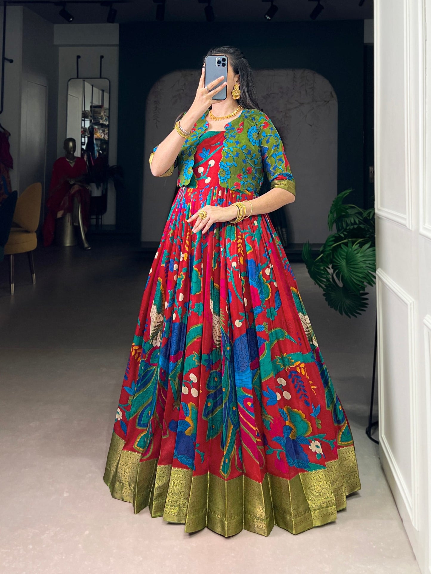 Maroon Tasar Silk Kalamkari Print Stitched Gown with Zari Weaving Koti – Full Flair Party Wear Gown Set for Women