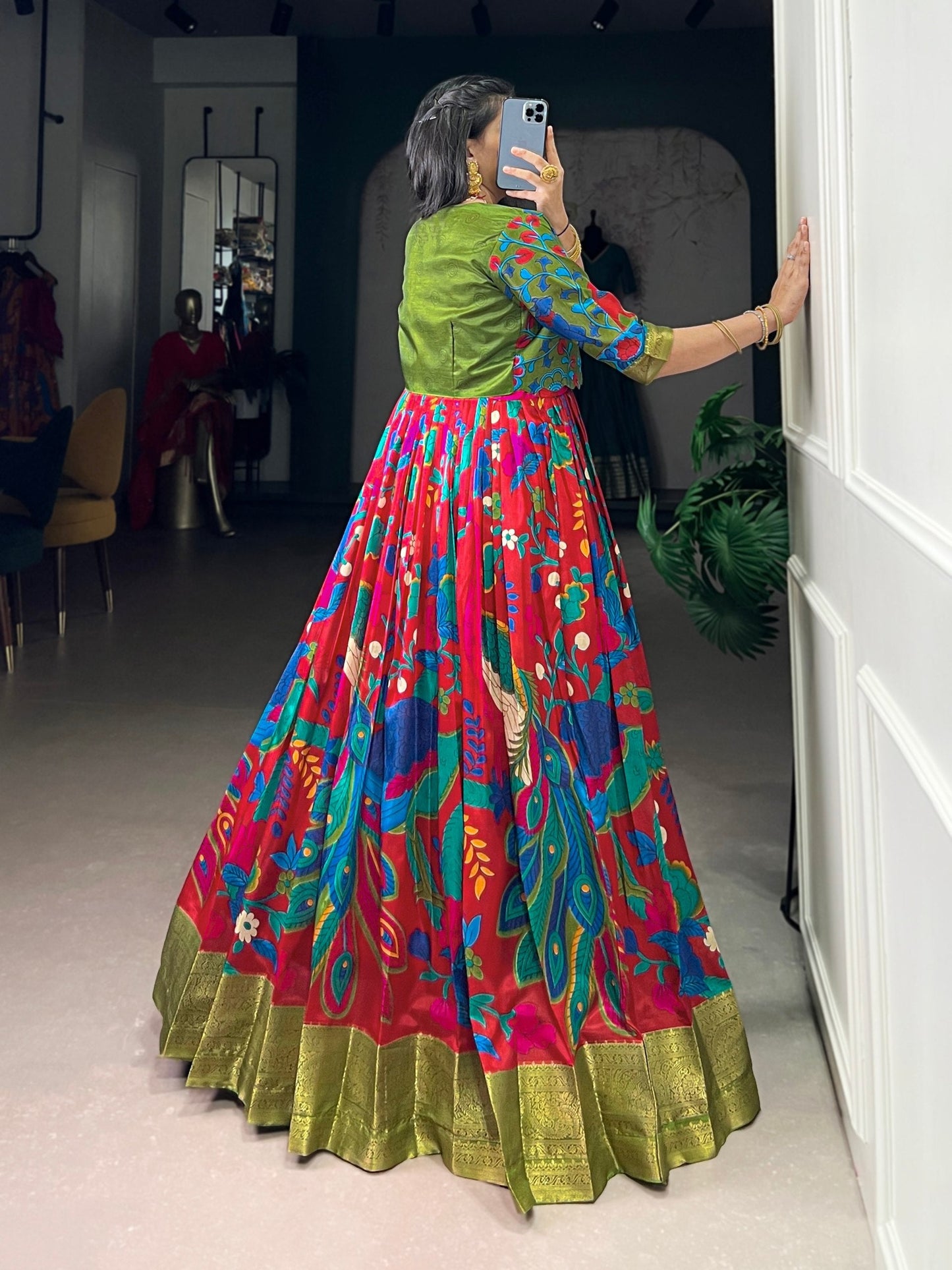 Maroon Tasar Silk Kalamkari Print Stitched Gown with Zari Weaving Koti – Full Flair Party Wear Gown Set for Women