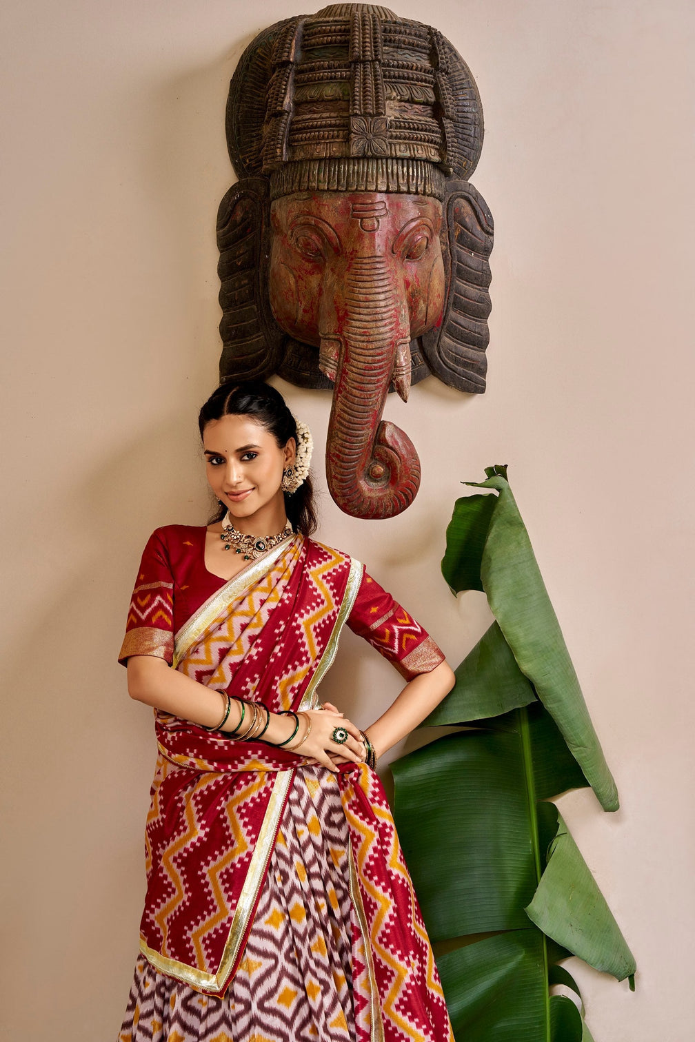 Maroon Tasar Silk Print Lehenga