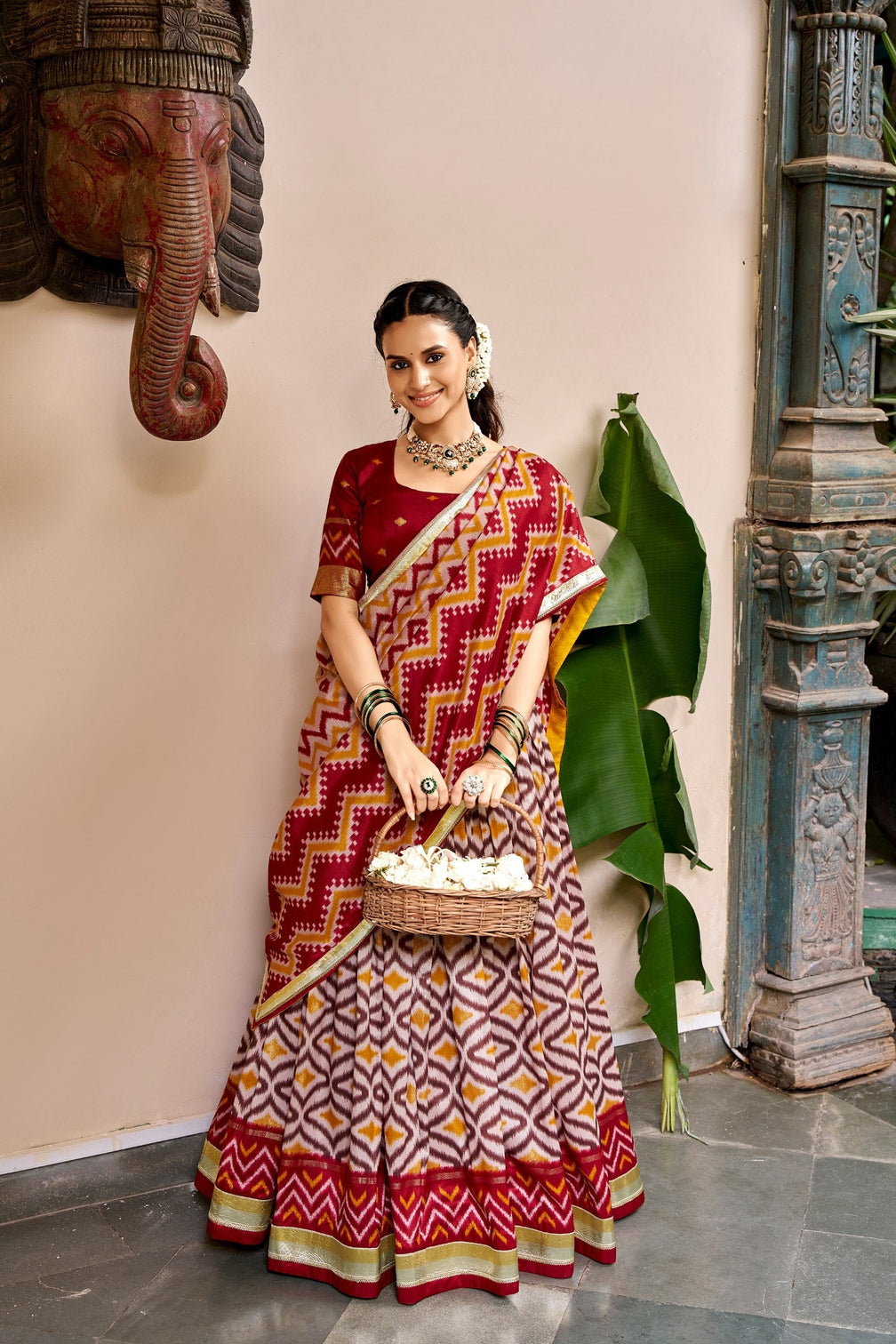 Maroon Tasar Silk Print Lehenga