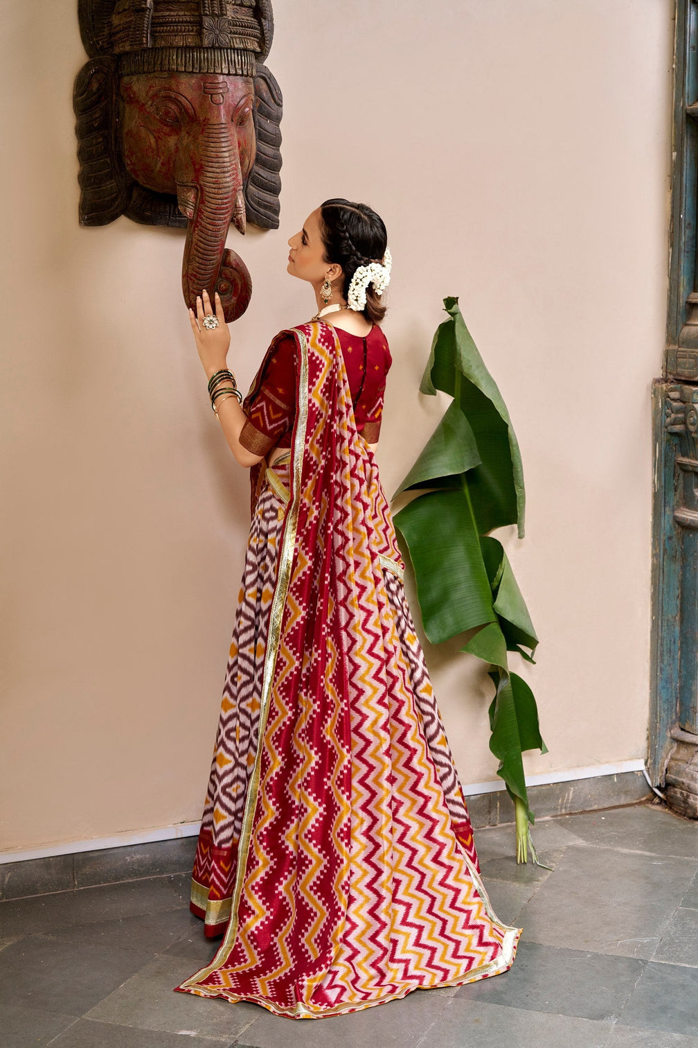 Maroon Tasar Silk Print Lehenga