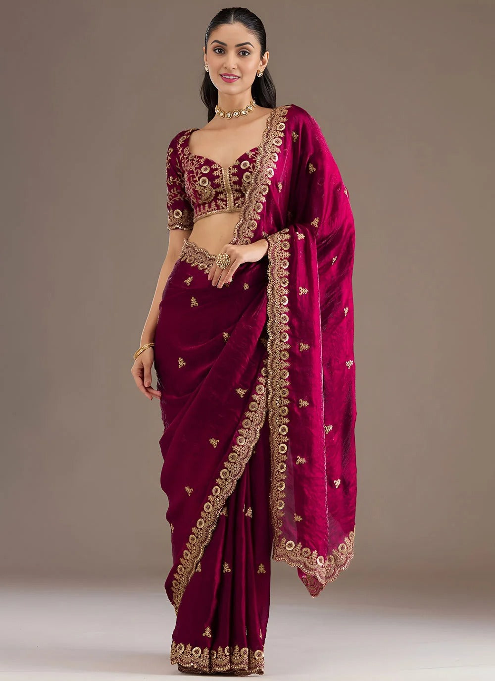 Opulent maroon tissue silk saree with zari dori sequins embroidery