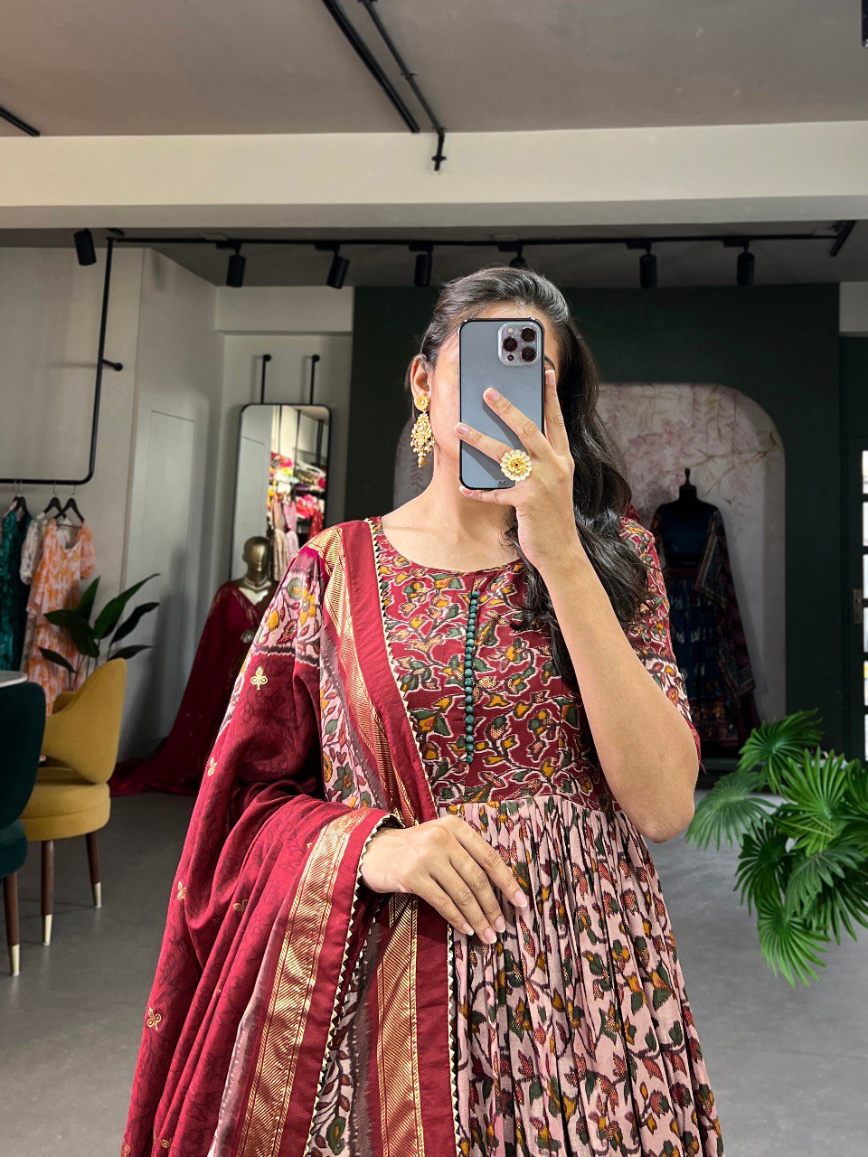 Maroon Tussar Silk Floral Gown with Foil Print & Dupatta