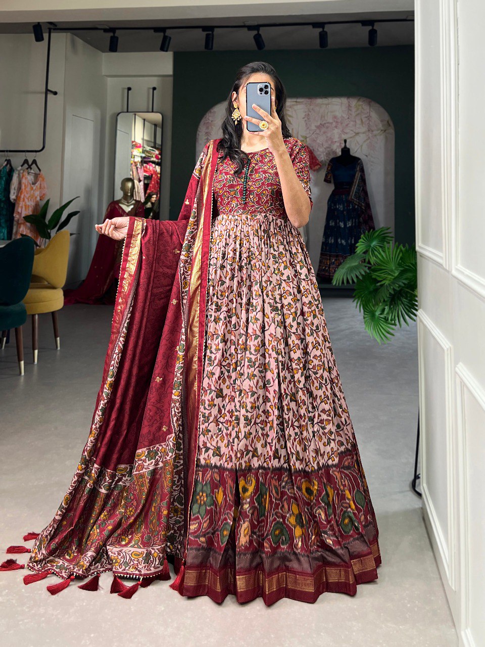 Maroon Tussar Silk Floral Gown with Foil Print & Dupatta