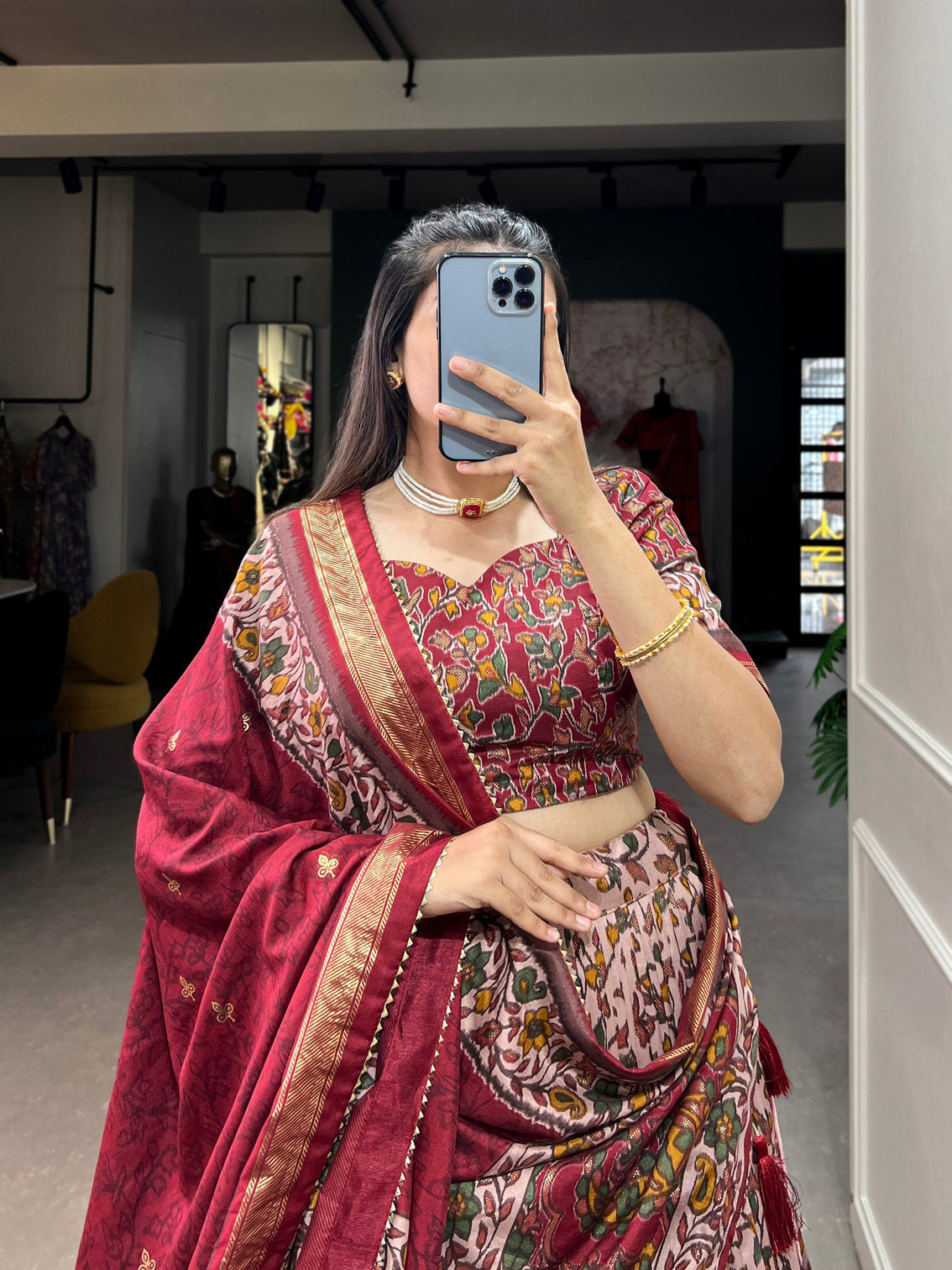 Maroon Tussar Silk Lehenga Choli with Foil Print