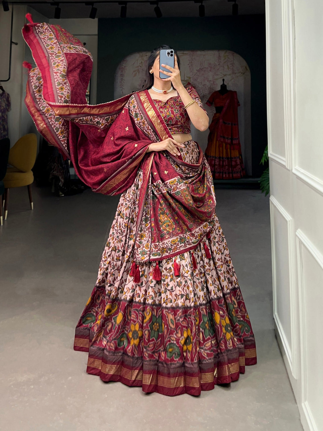Maroon Tussar Silk Lehenga Choli with Foil Print