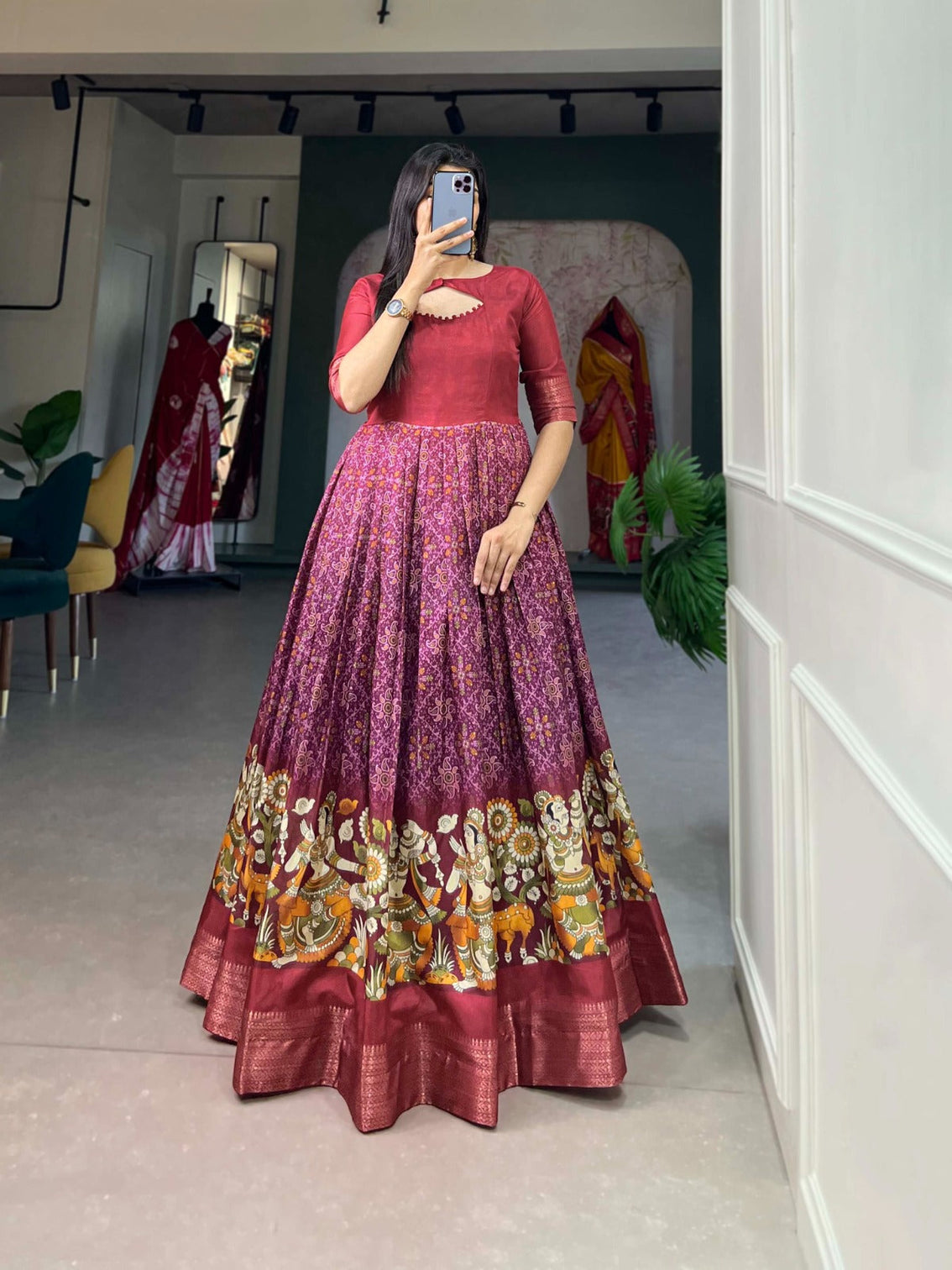 Maroon Tussar Silk Printed Gown with Woven Border