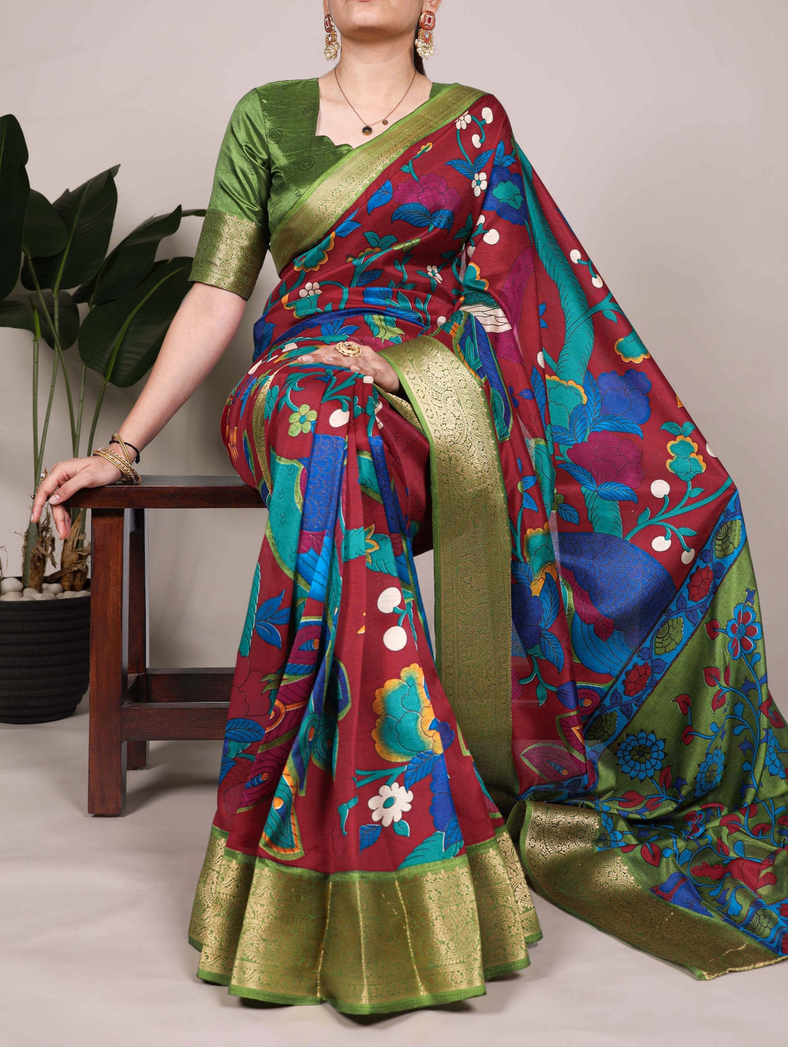 Maroon Tussar Silk Printed Saree with Zari Weaving Work & Viscose Border Blouse