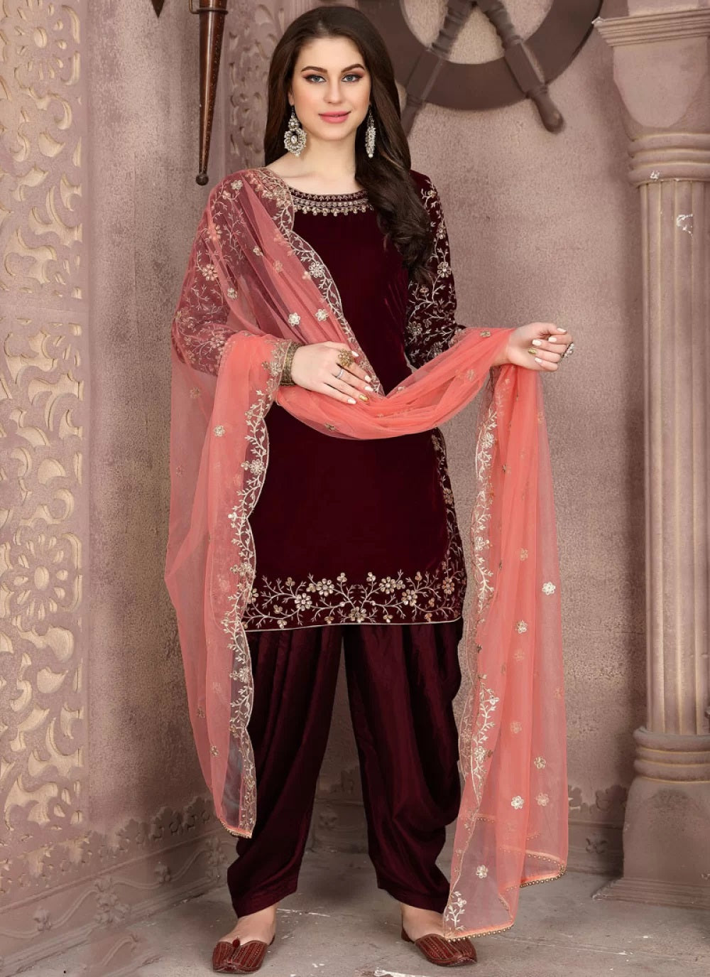 Maroon velvet punjabi suit for ladies