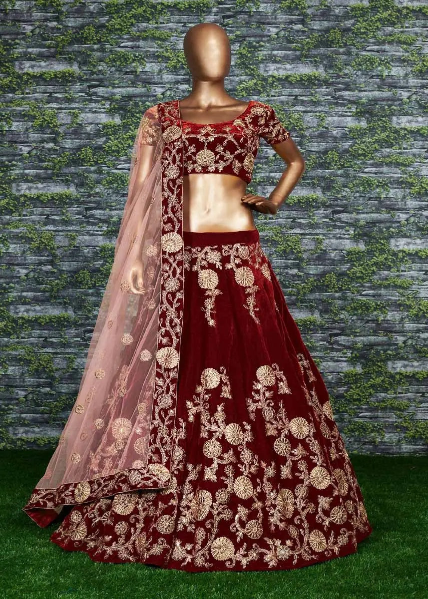 Maroon velvet silk lehenga designs for girls