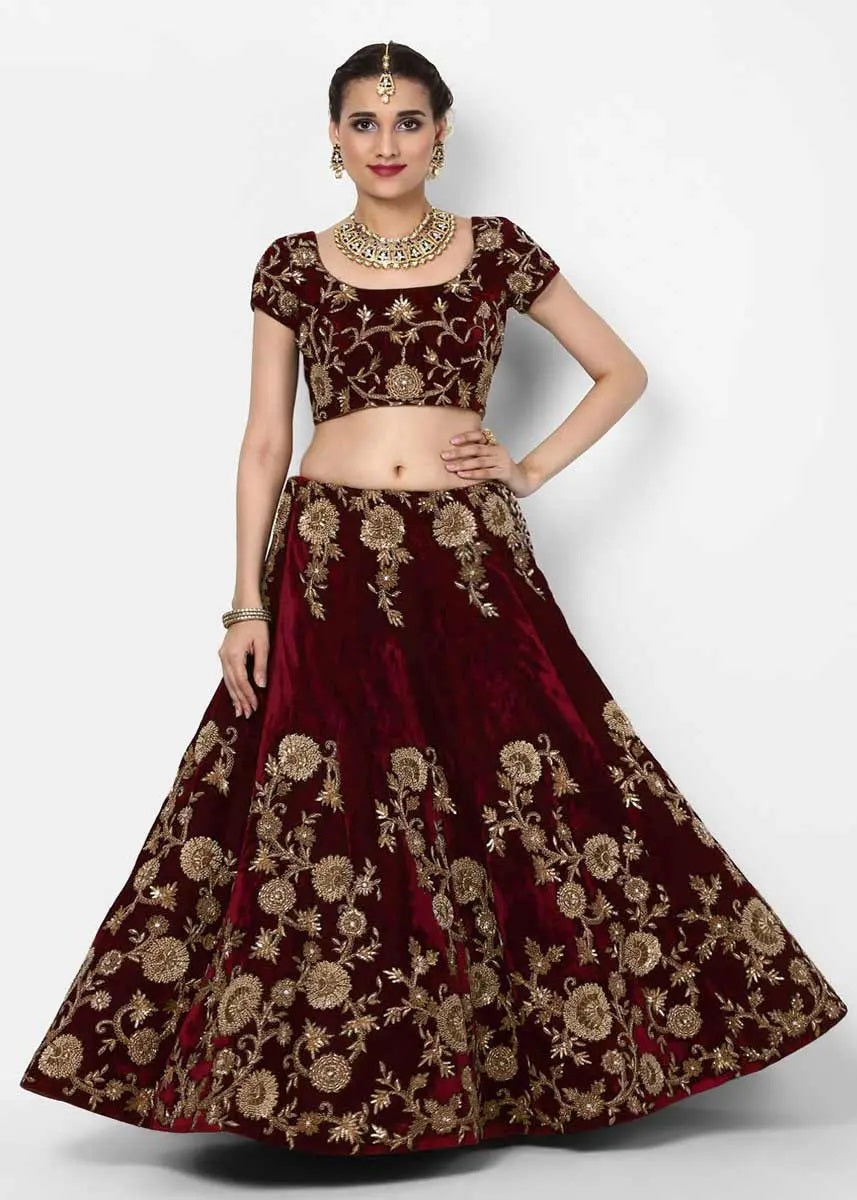 Maroon velvet silk lehenga designs for girls