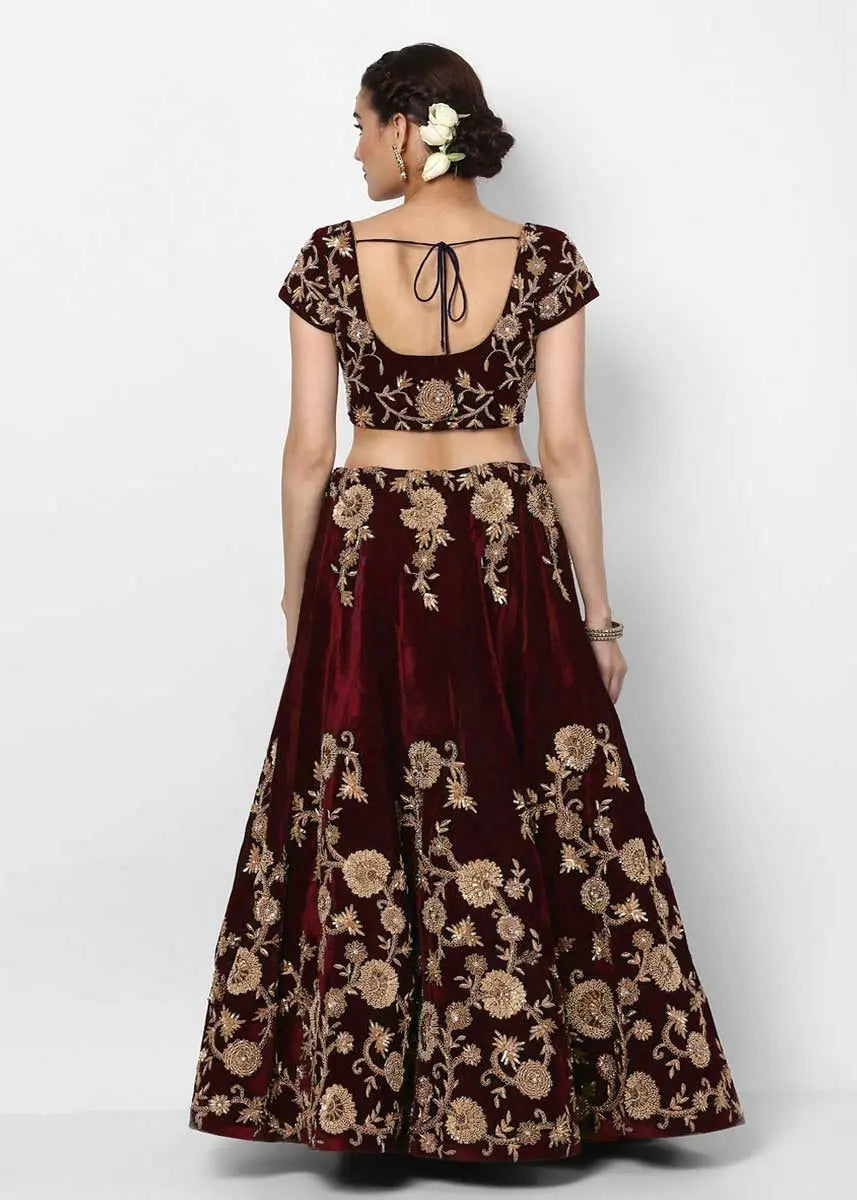 Maroon velvet silk lehenga designs for girls