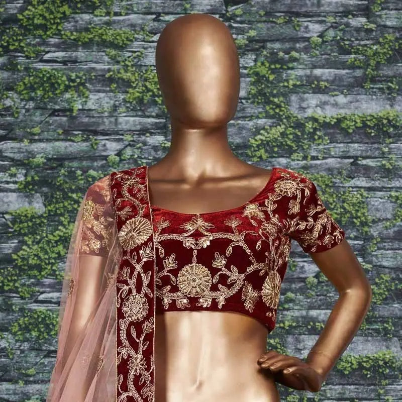 Maroon velvet silk lehenga designs for girls