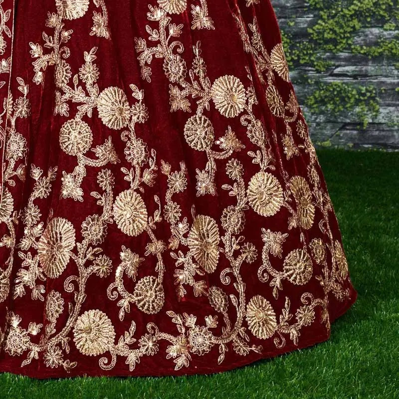 Maroon velvet silk lehenga designs for girls
