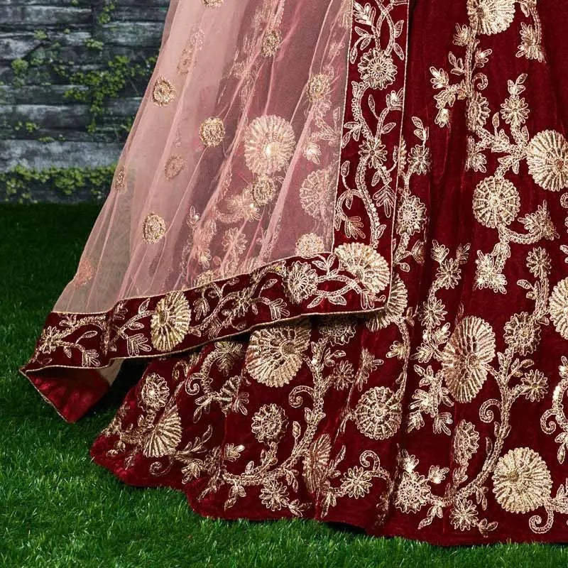 Maroon velvet silk lehenga designs for girls