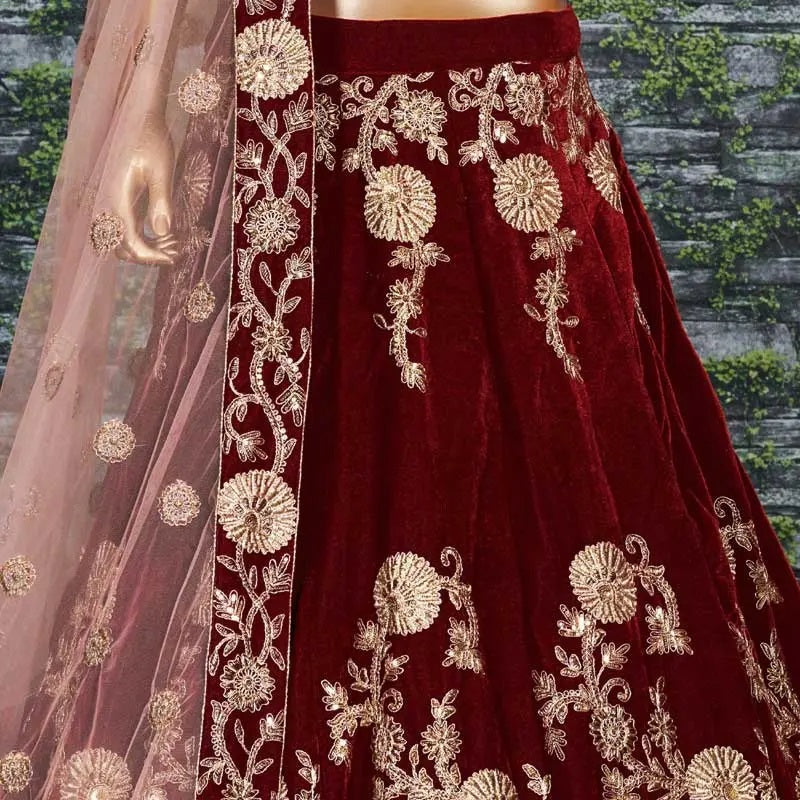 Maroon velvet silk lehenga designs for girls