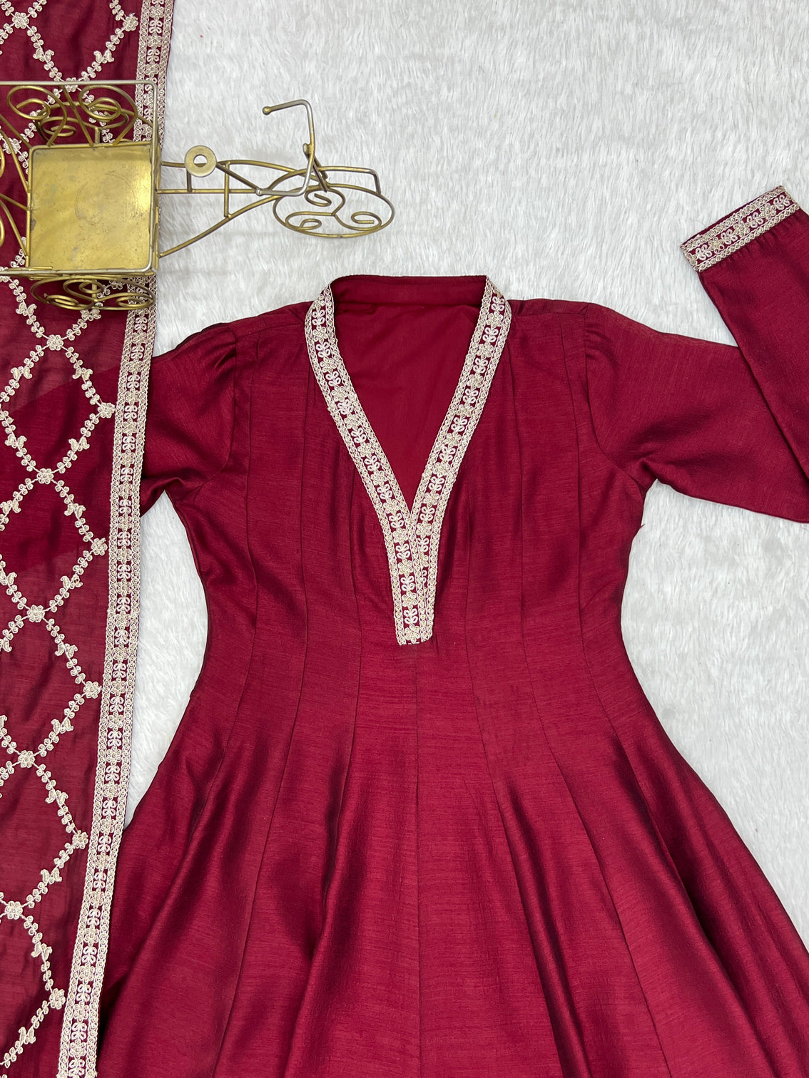Maroon Vichitra Silk Kali Anarkali Set