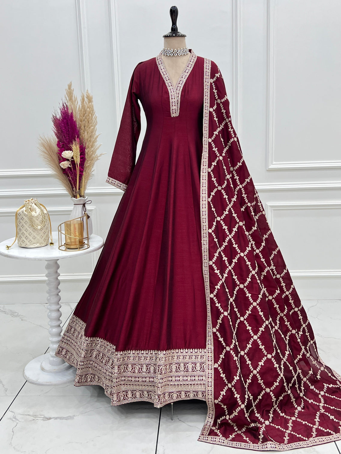 Maroon Vichitra Silk Kali Anarkali Set
