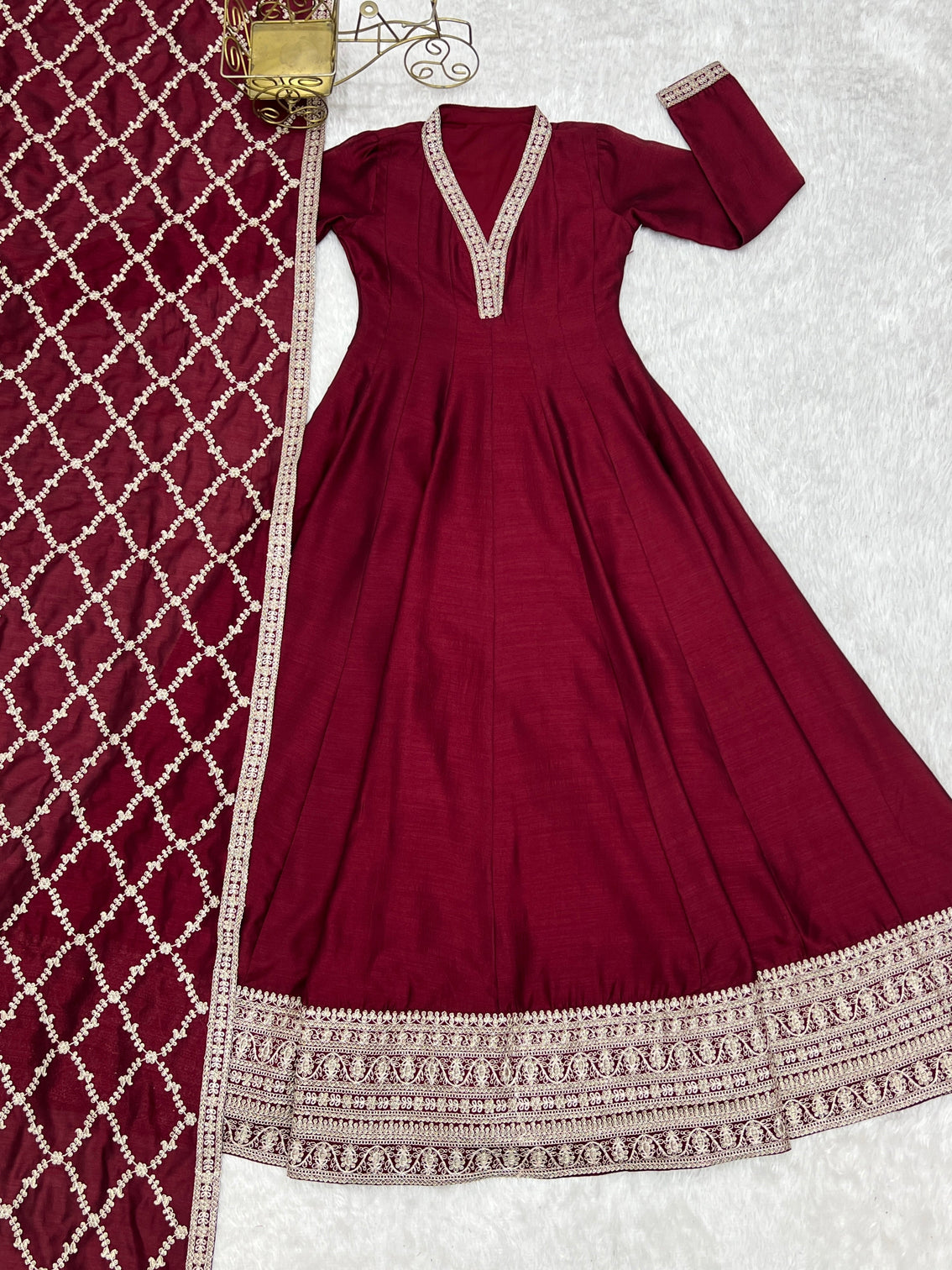 Maroon Vichitra Silk Kali Anarkali Set