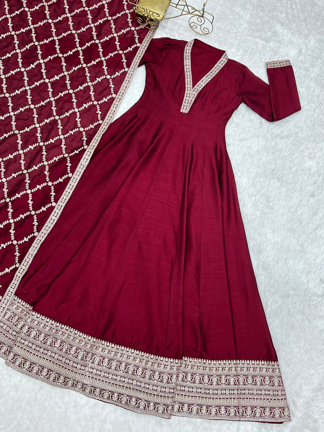 Maroon Vichitra Silk Kali Anarkali Set