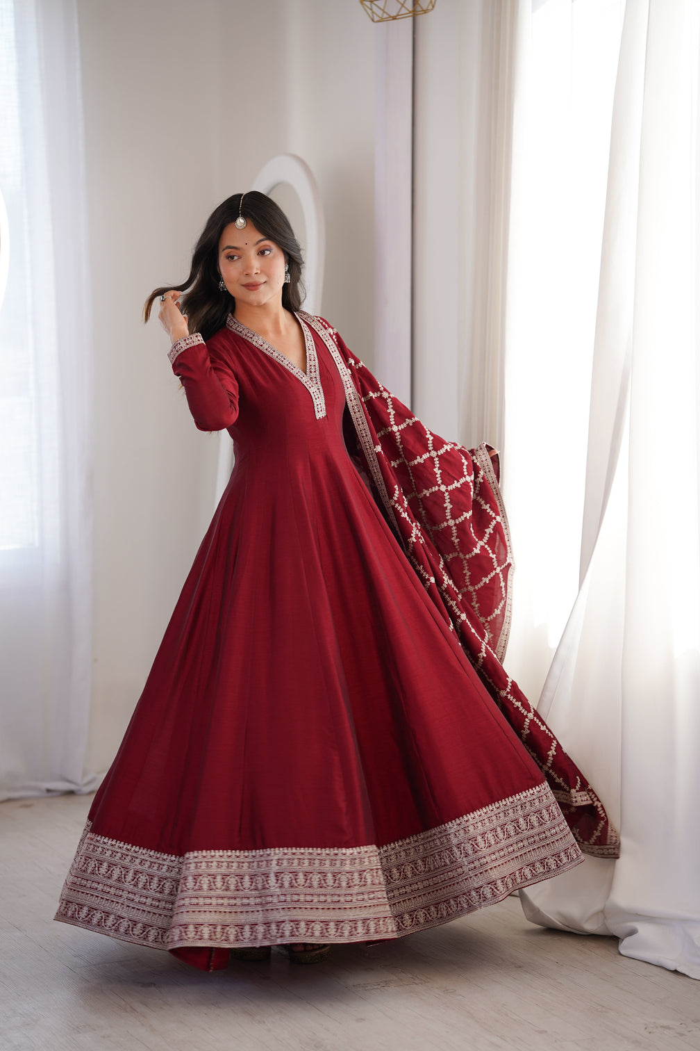 Maroon Vichitra Silk Kali Anarkali Set