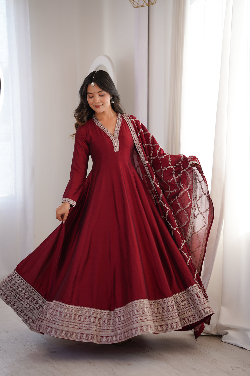 Maroon Vichitra Silk Kali Anarkali Set
