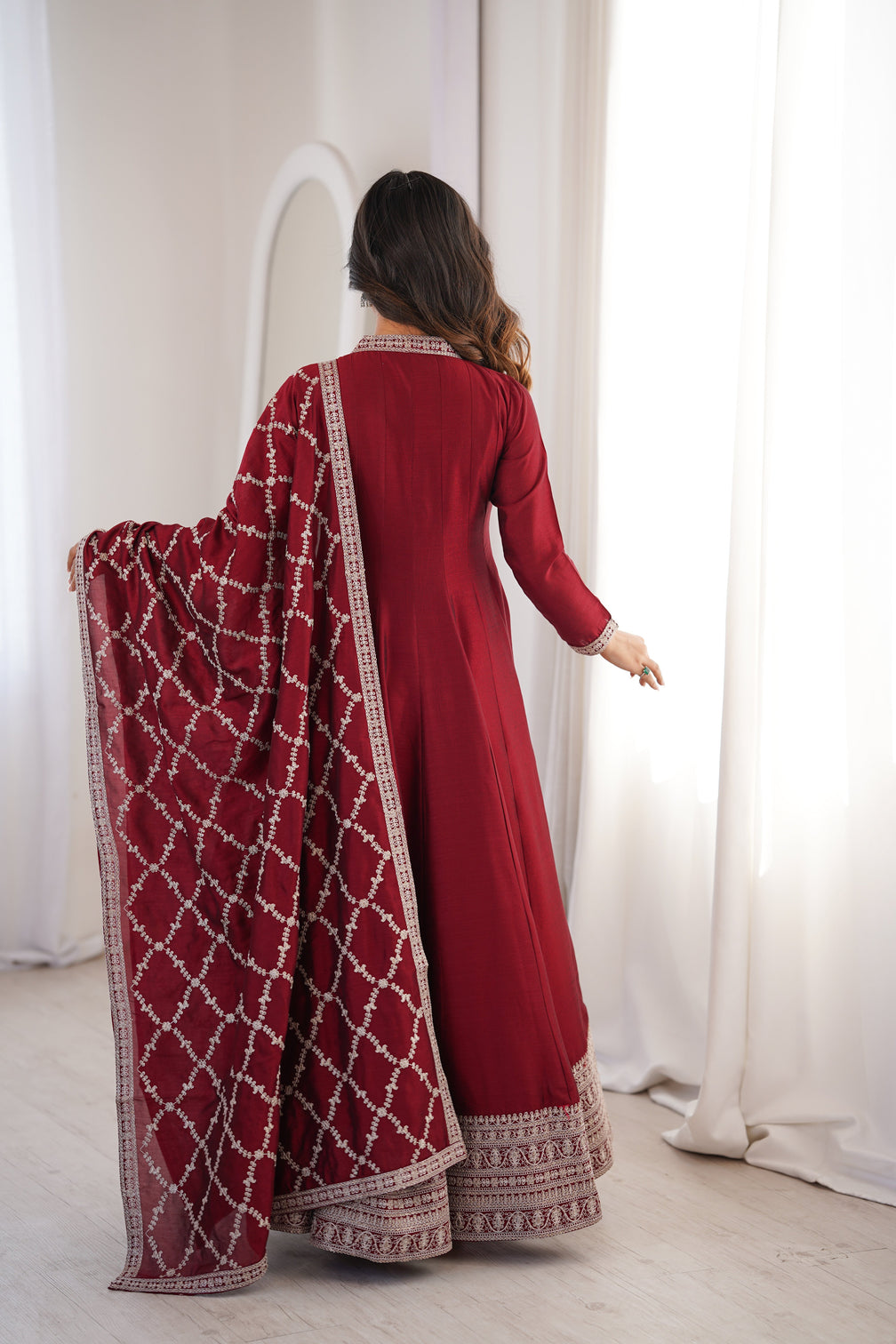 Maroon Vichitra Silk Kali Anarkali Set