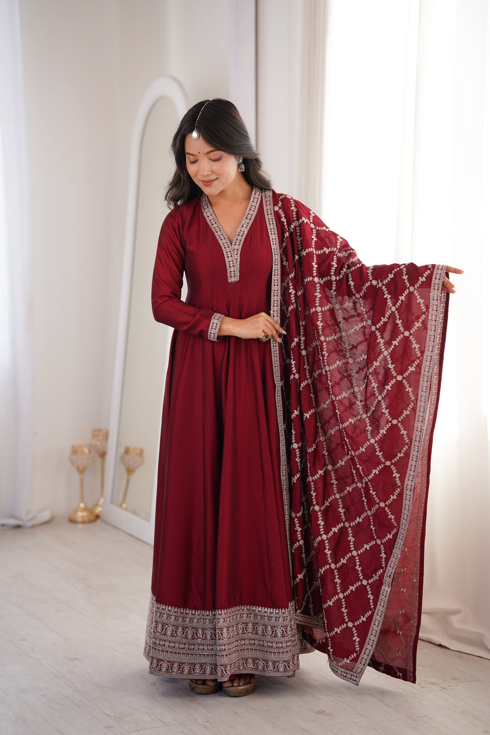 Maroon Vichitra Silk Kali Anarkali Set