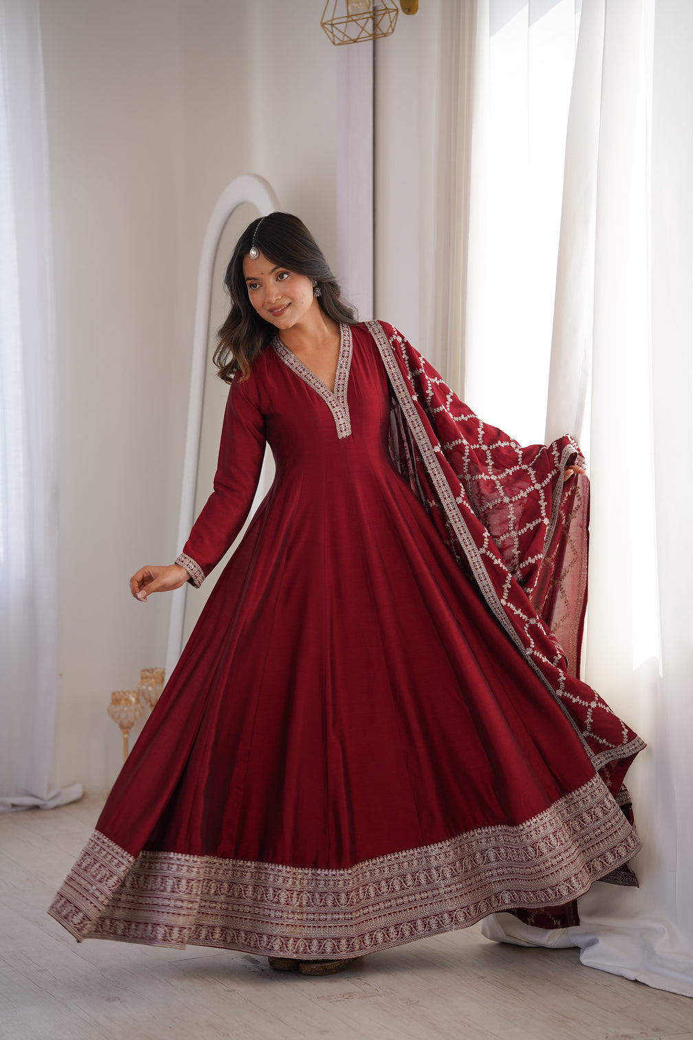 Maroon Vichitra Silk Kali Anarkali Set