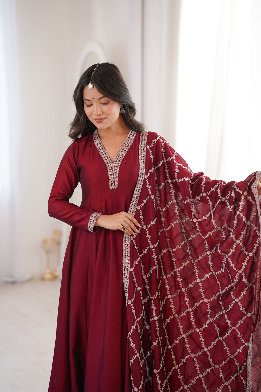 Maroon Vichitra Silk Kali Anarkali Set