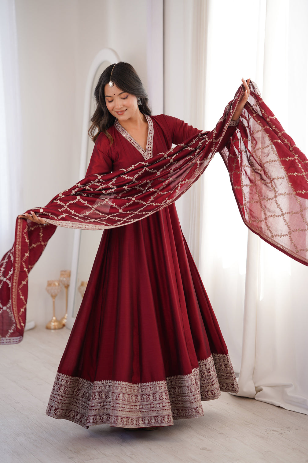 Maroon Vichitra Silk Kali Anarkali Set
