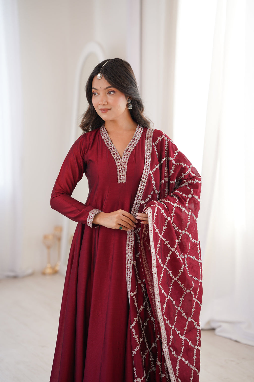 Maroon Vichitra Silk Kali Anarkali Set