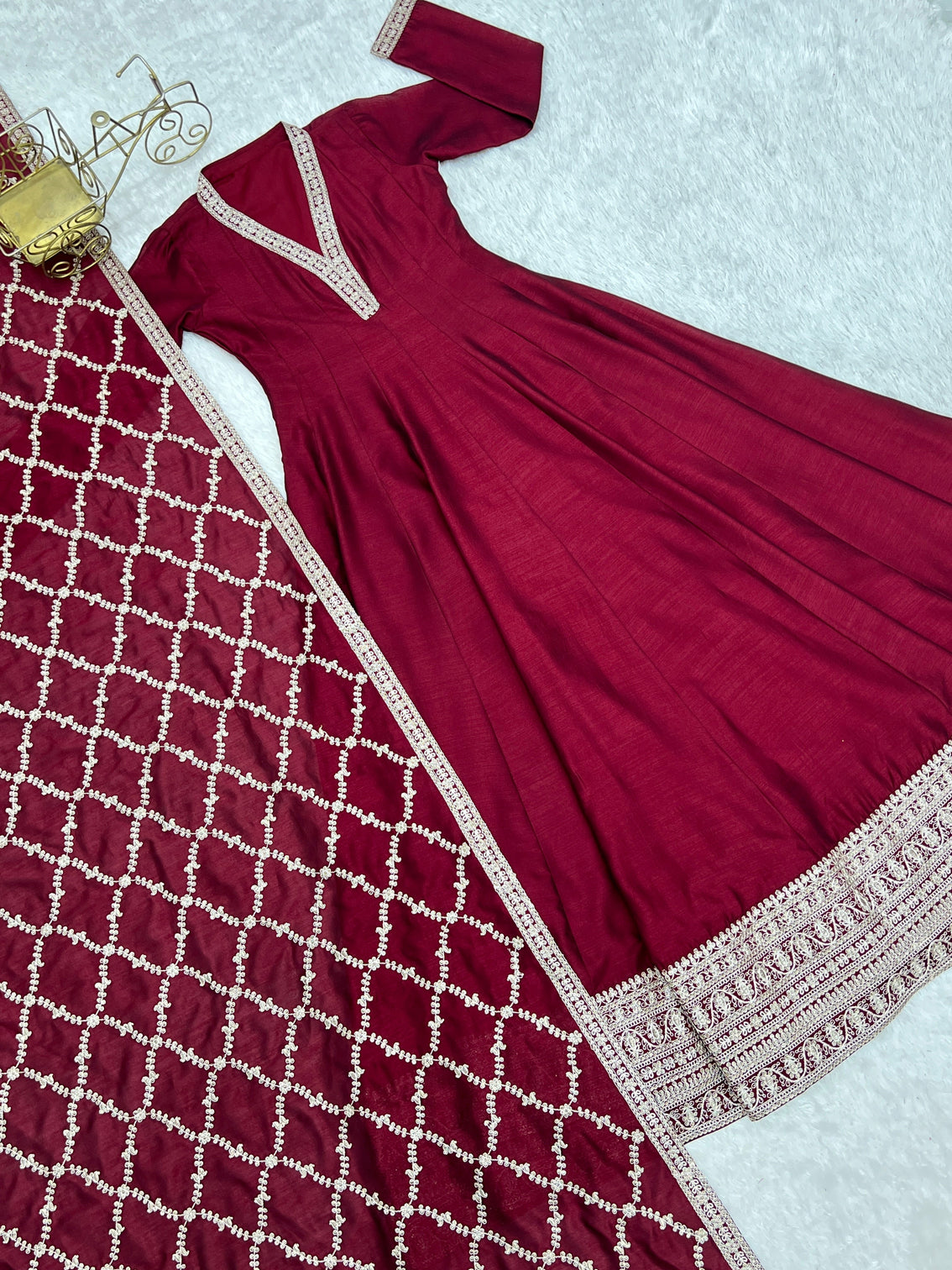 Maroon Vichitra Silk Kali Anarkali Set