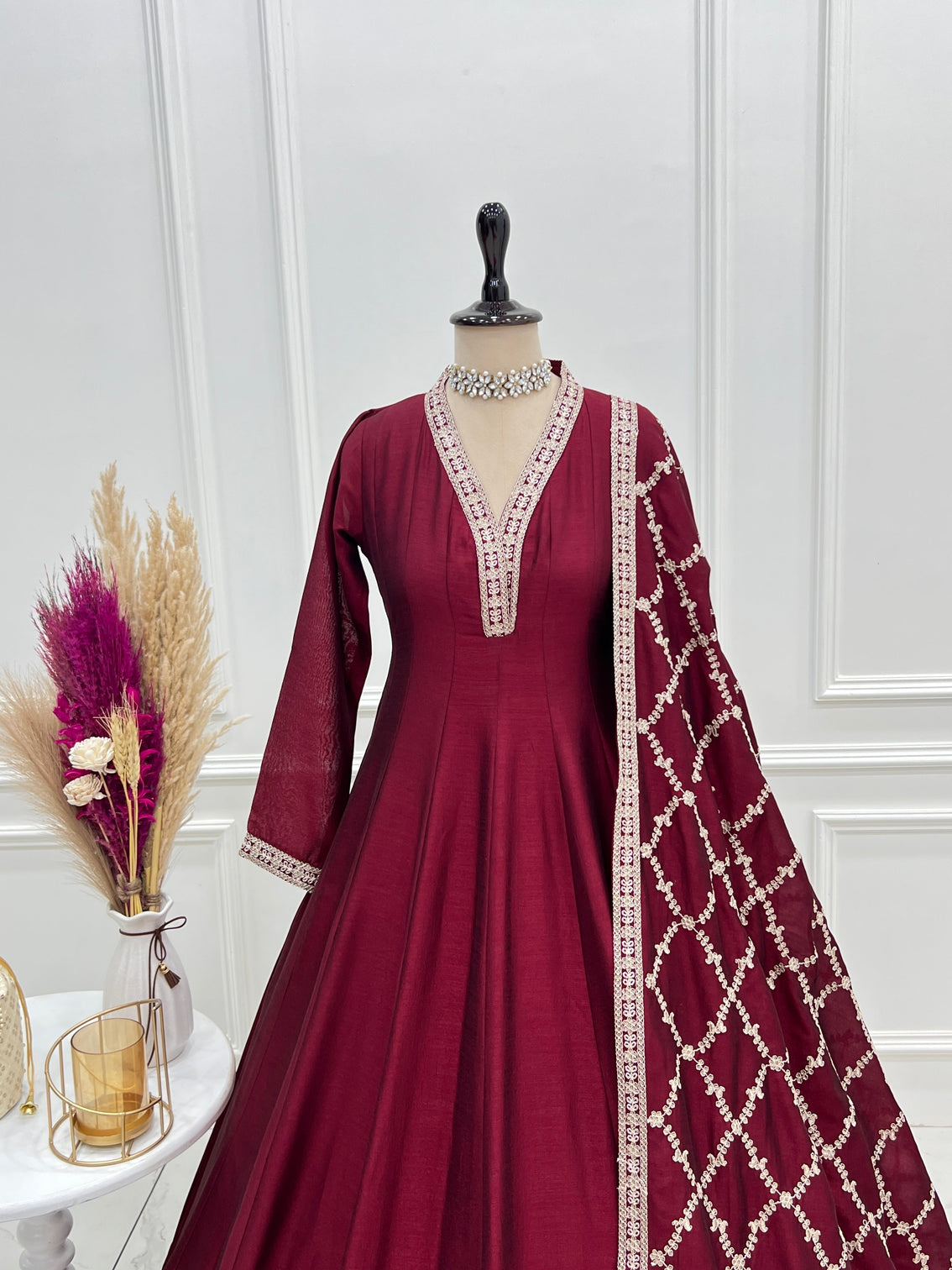 Maroon Vichitra Silk Kali Anarkali Set