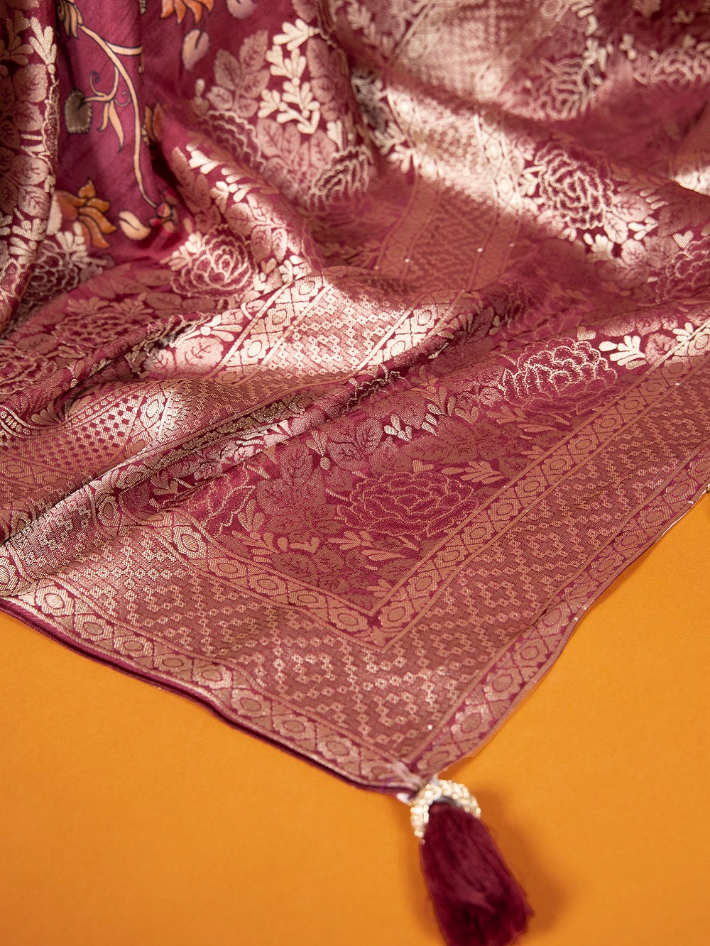 Maroon Viscose Kalamkari Saree with Zari Weaving & Tassels