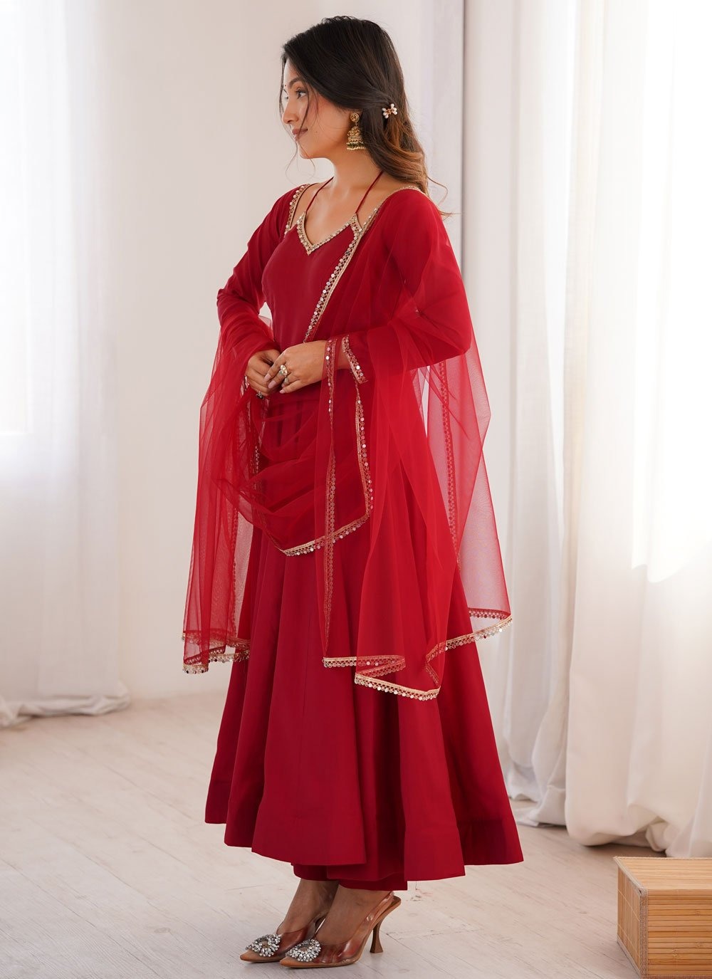 Maroon roman silk chanderi anarkali suit with net dupatta for wedding functions