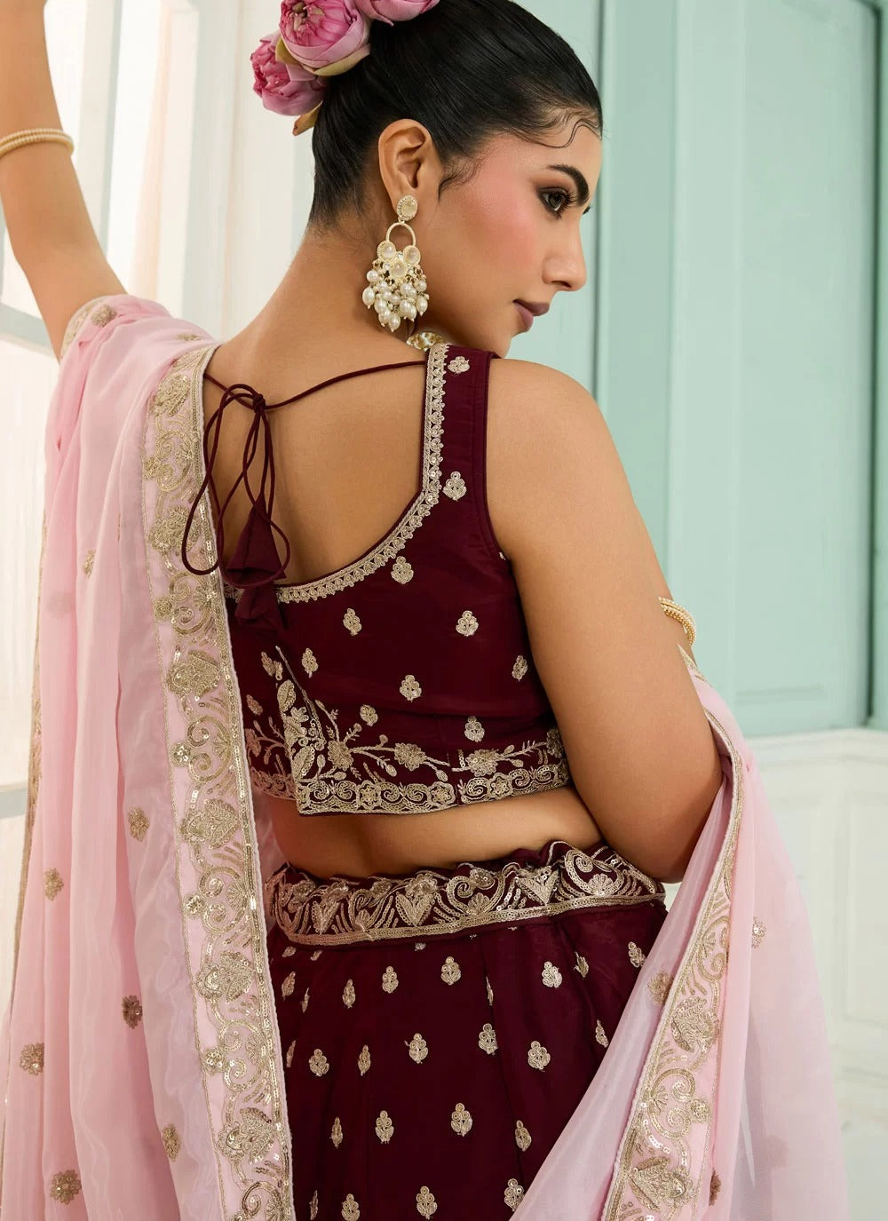 Maroon embroidered wedding lehenga choli in organza with pink dupatta