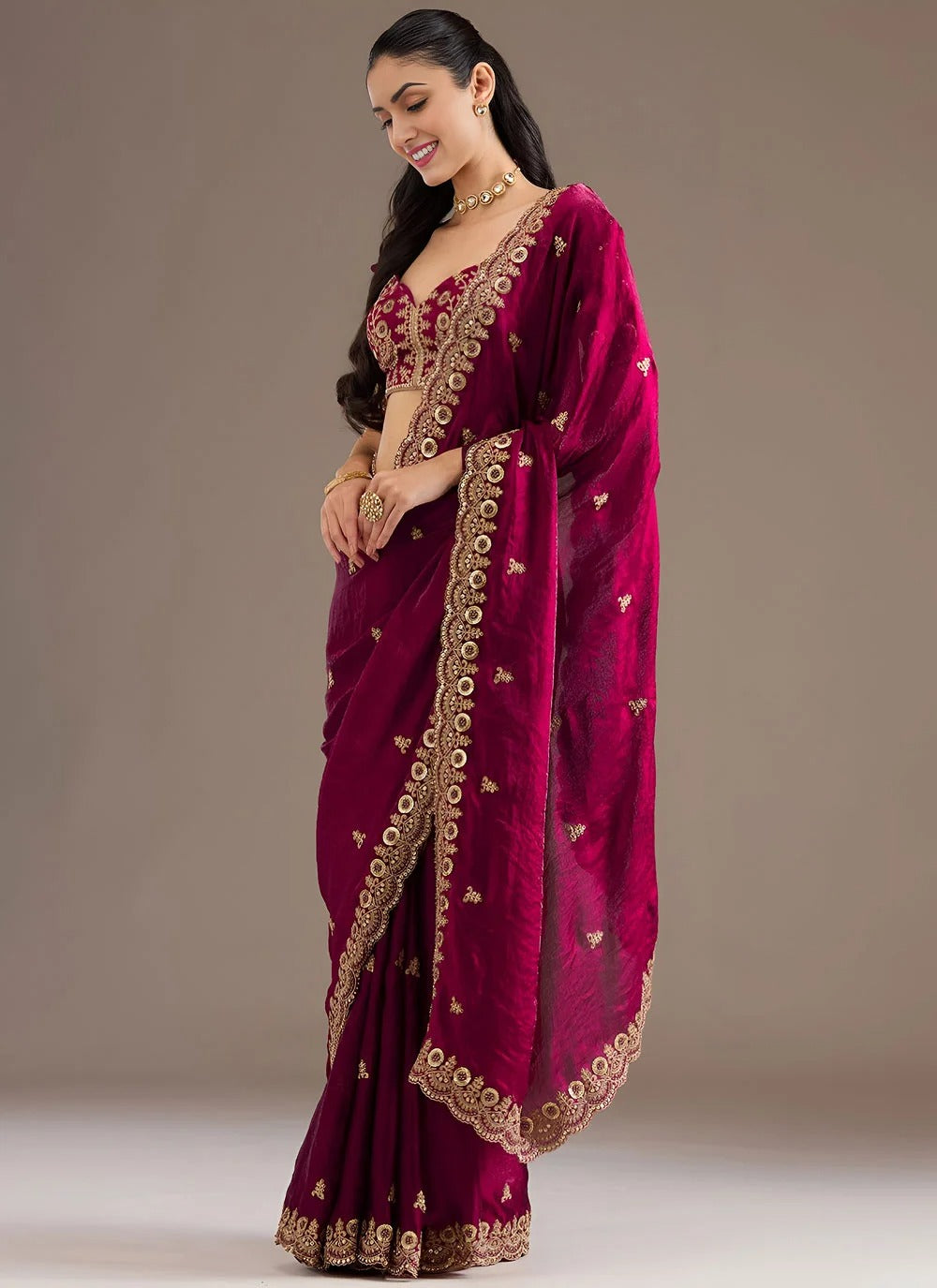 Opulent maroon tissue silk saree with zari dori sequins embroidery