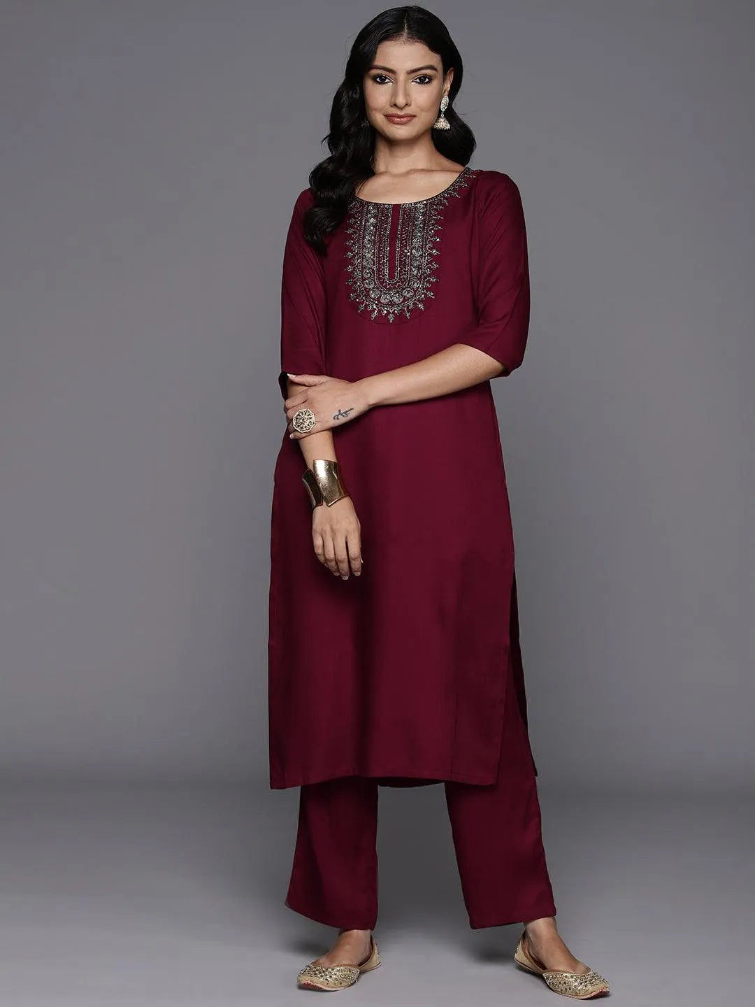 Mameraa Maroon Yoke Design Wool Blend Straight Kurta Set