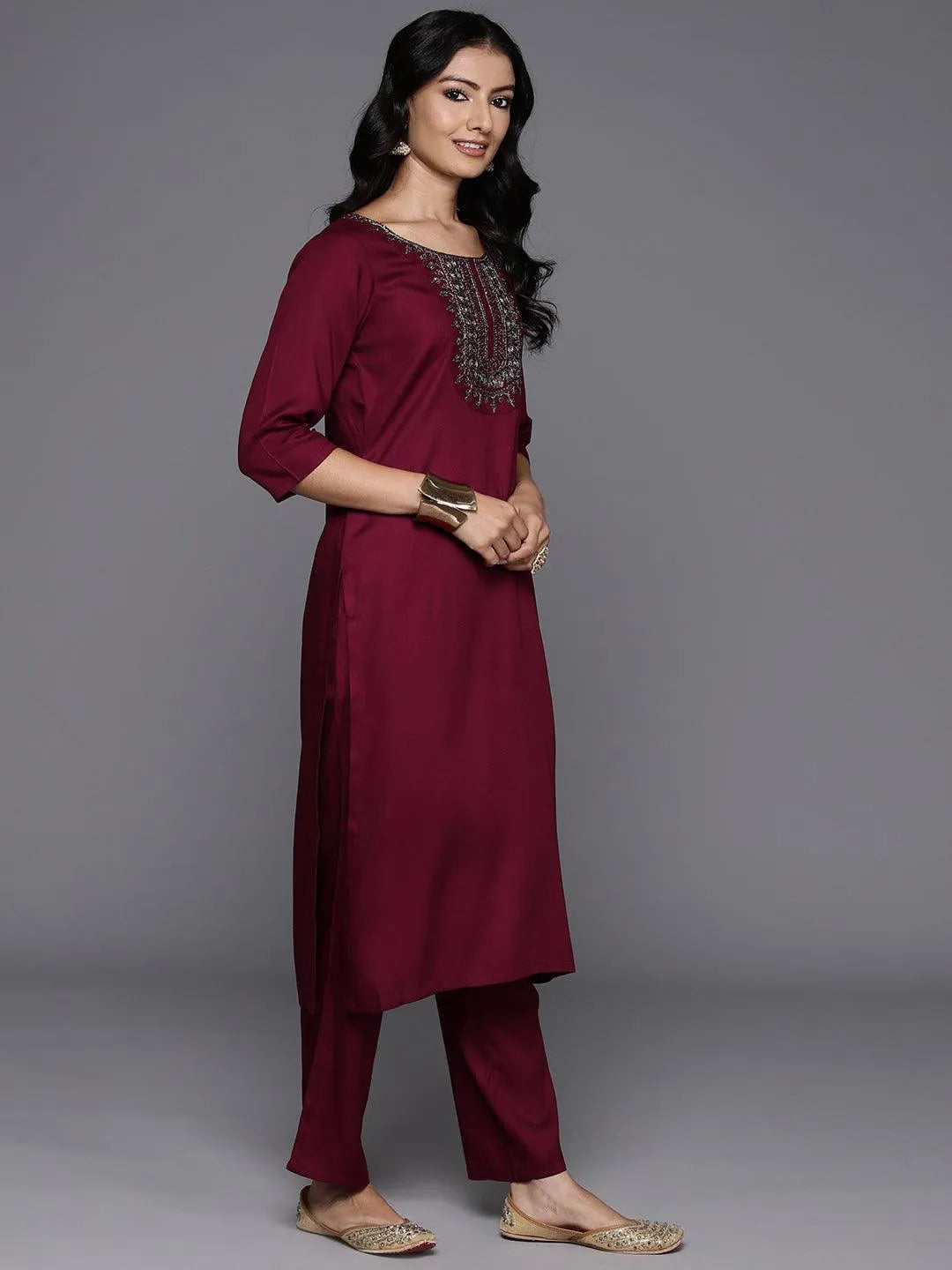 Mameraa Maroon Yoke Design Wool Blend Straight Kurta Set