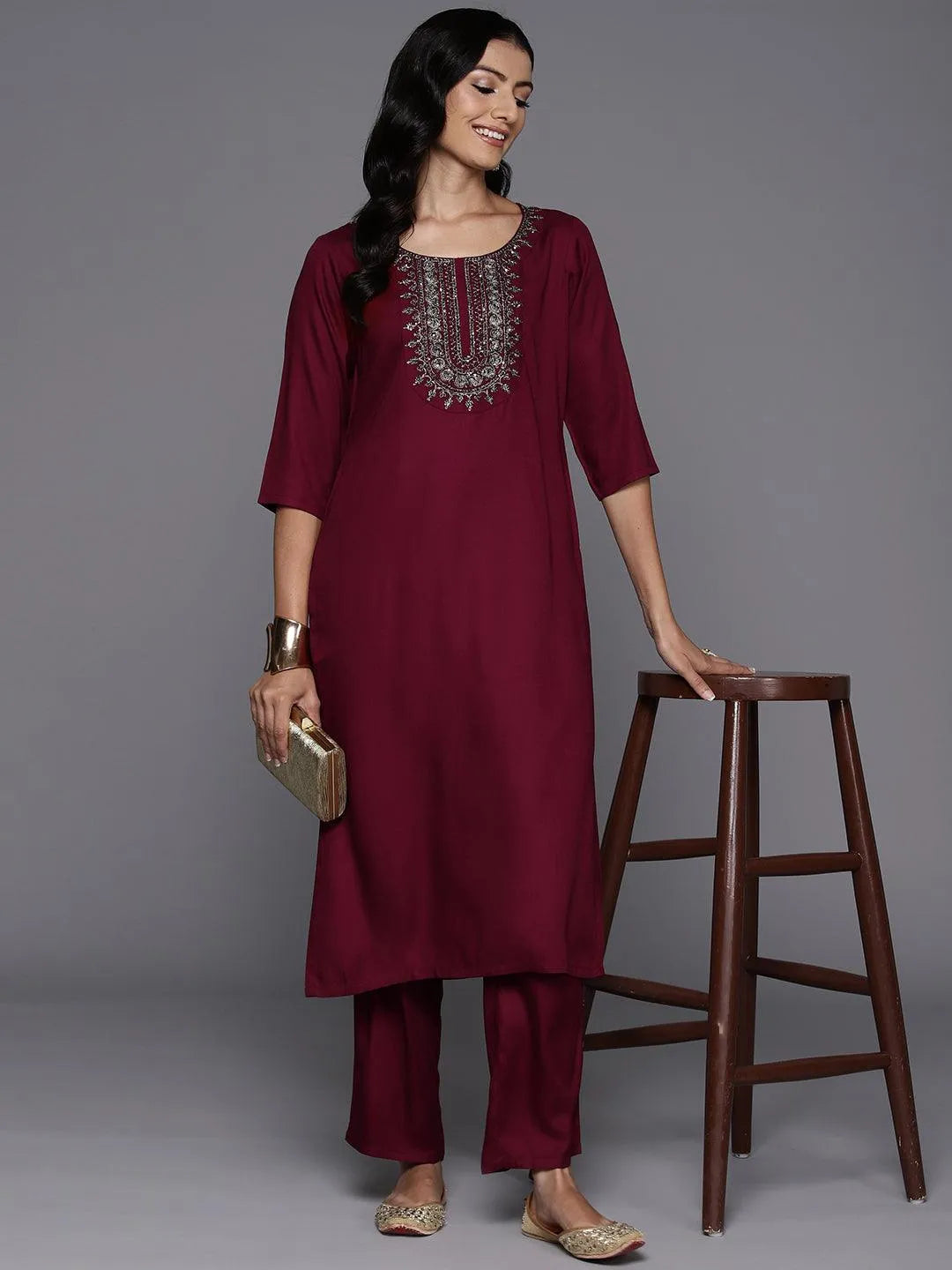 Mameraa Maroon Yoke Design Wool Blend Straight Kurta Set